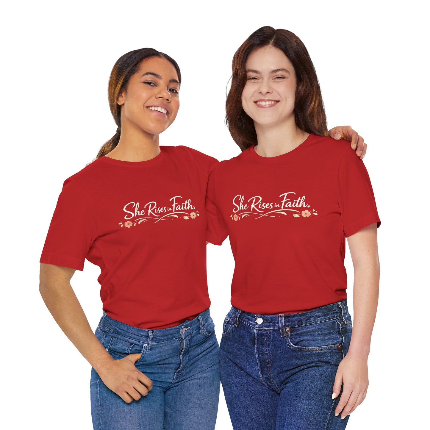 "She Rises In Faith" Chest Tee – Delicate Peach Blossom Graphic