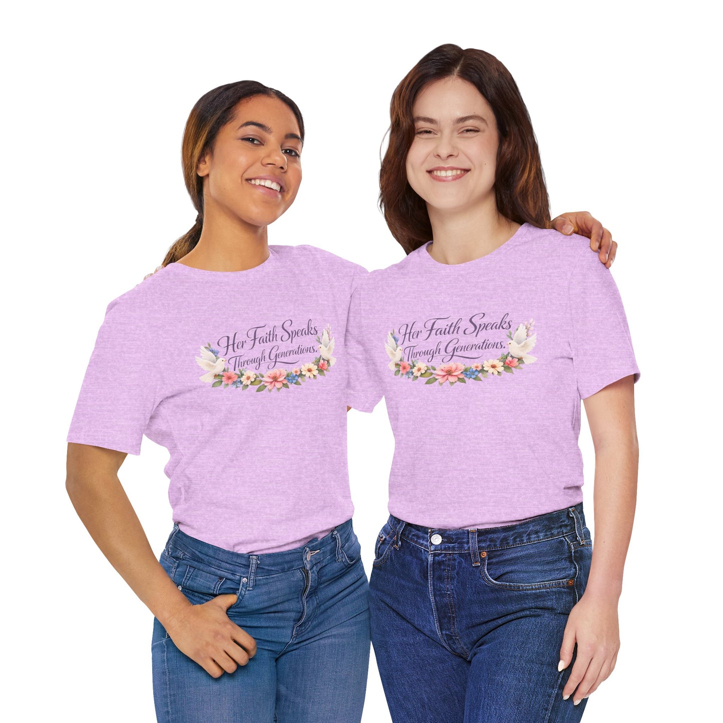 Her Faith Speaks Through Generations T-Shirt — Floral Inspirational Christian Tee