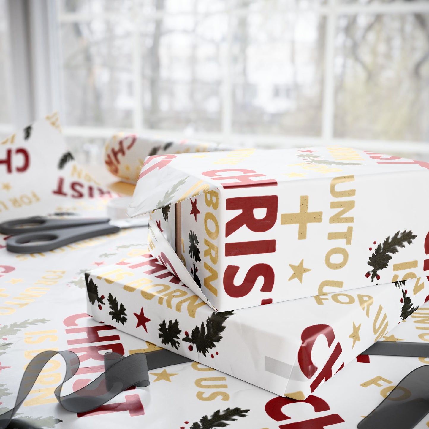 Christmas Wrapping Paper — "FOR UNTO US CHRIST IS BORN" Religious Gift Wrap