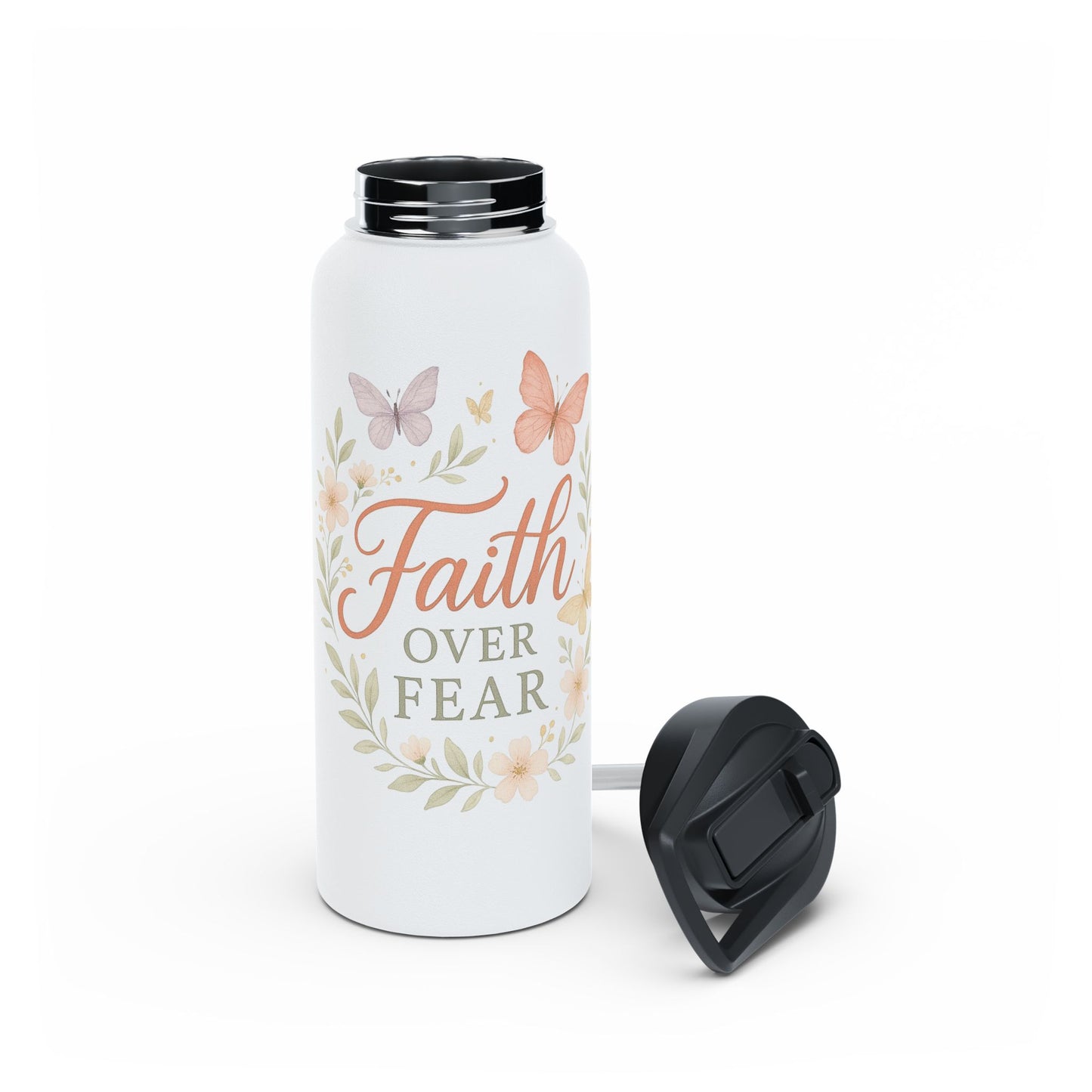 Faith Over Fear Stainless Steel Water Bottle – Inspirational Floral Design