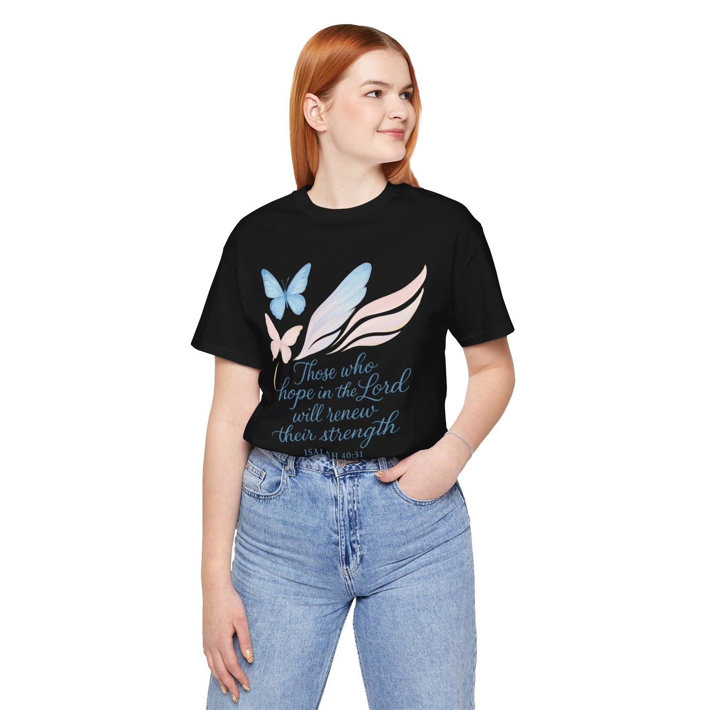 Inspirational Scripture T-Shirt – "Those Who Hope in the Lord" Isaiah 40:31, Pastel Butterflies