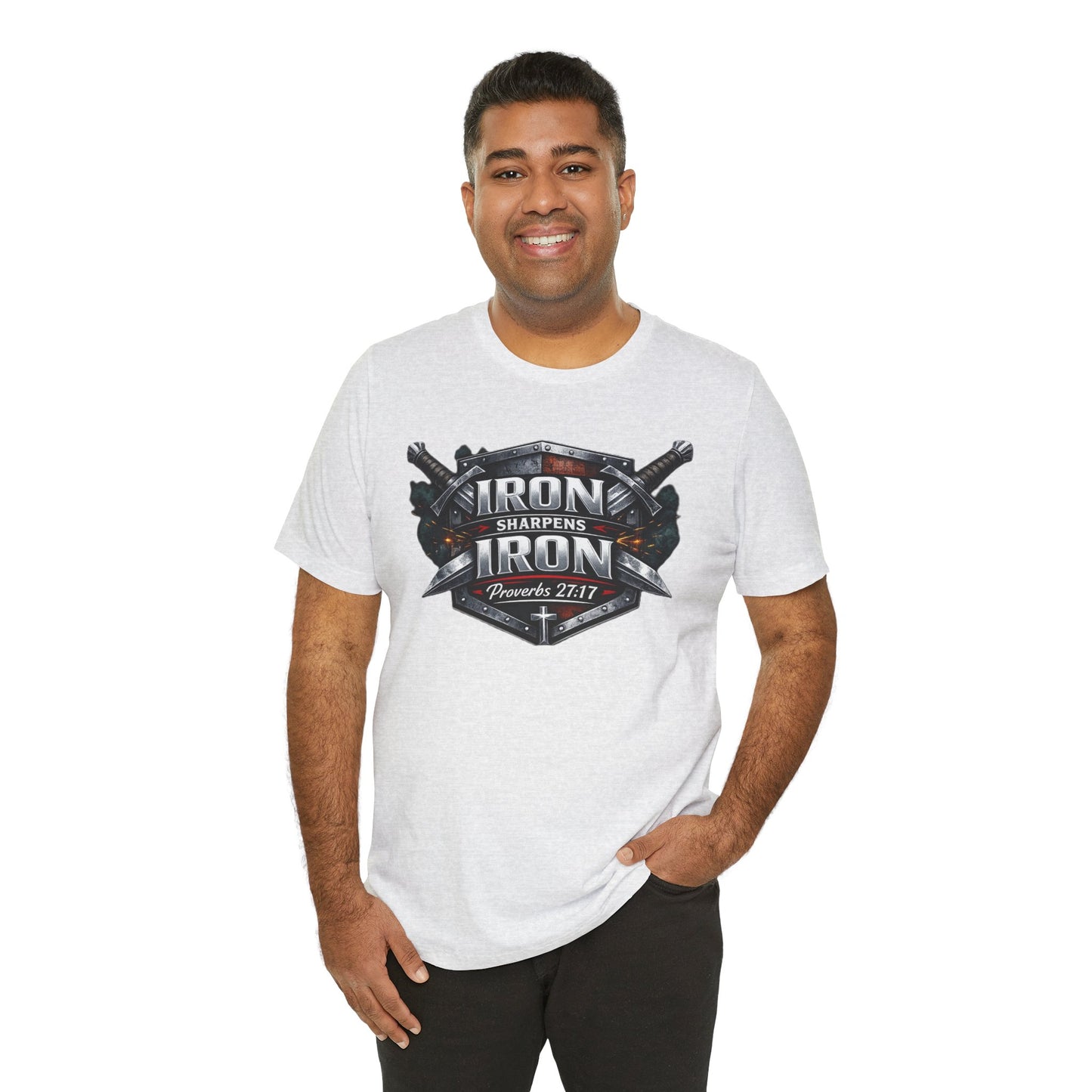 Iron Sharpens Iron T-Shirt — Faith-Based Proverbs 27:17 Graphic Tee