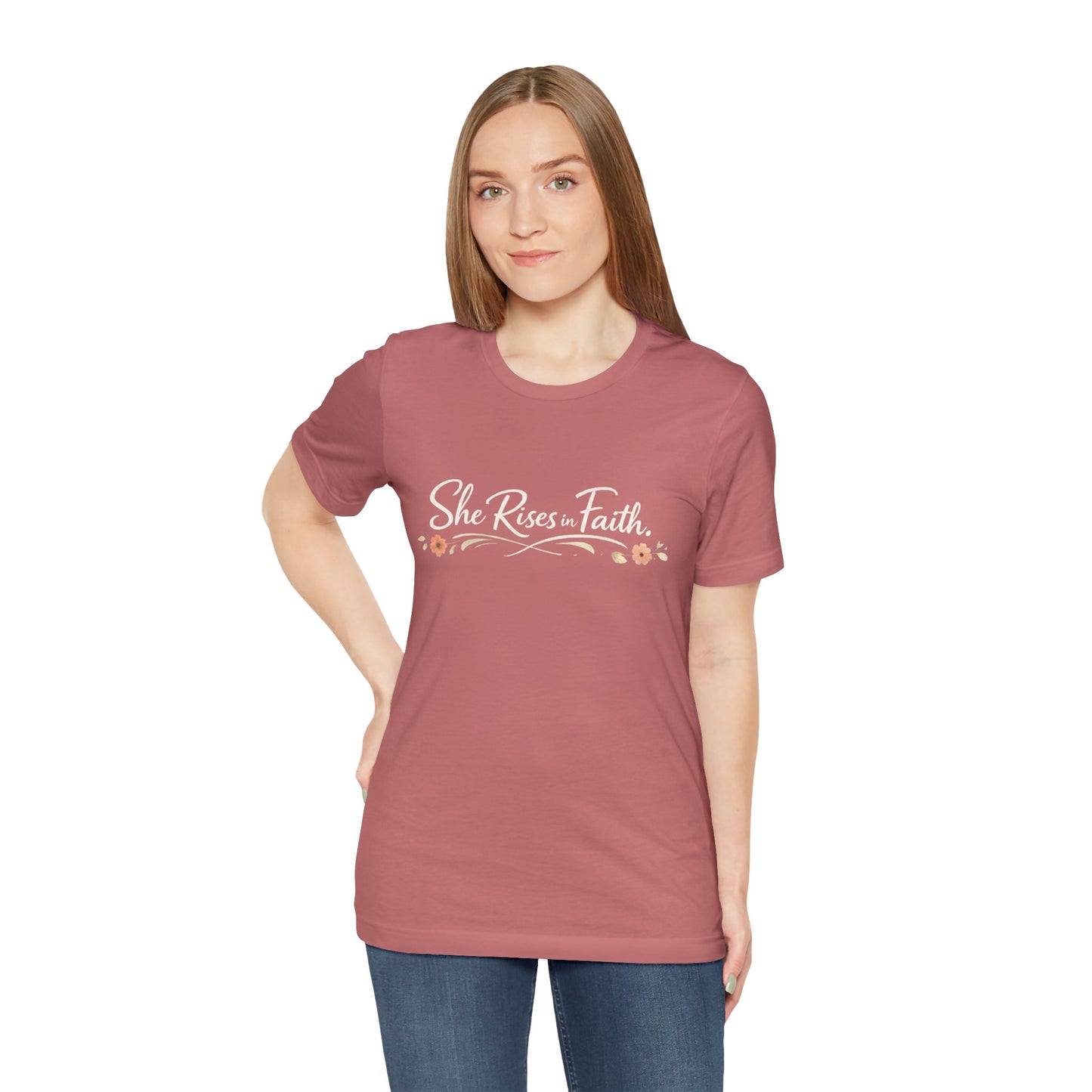 "She Rises In Faith" Chest Tee – Delicate Peach Blossom Graphic