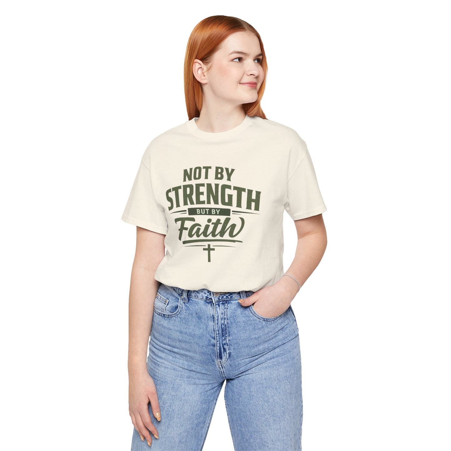 Faith Graphic Tee — "Not By Strength But By Faith" Christian T-Shirt
