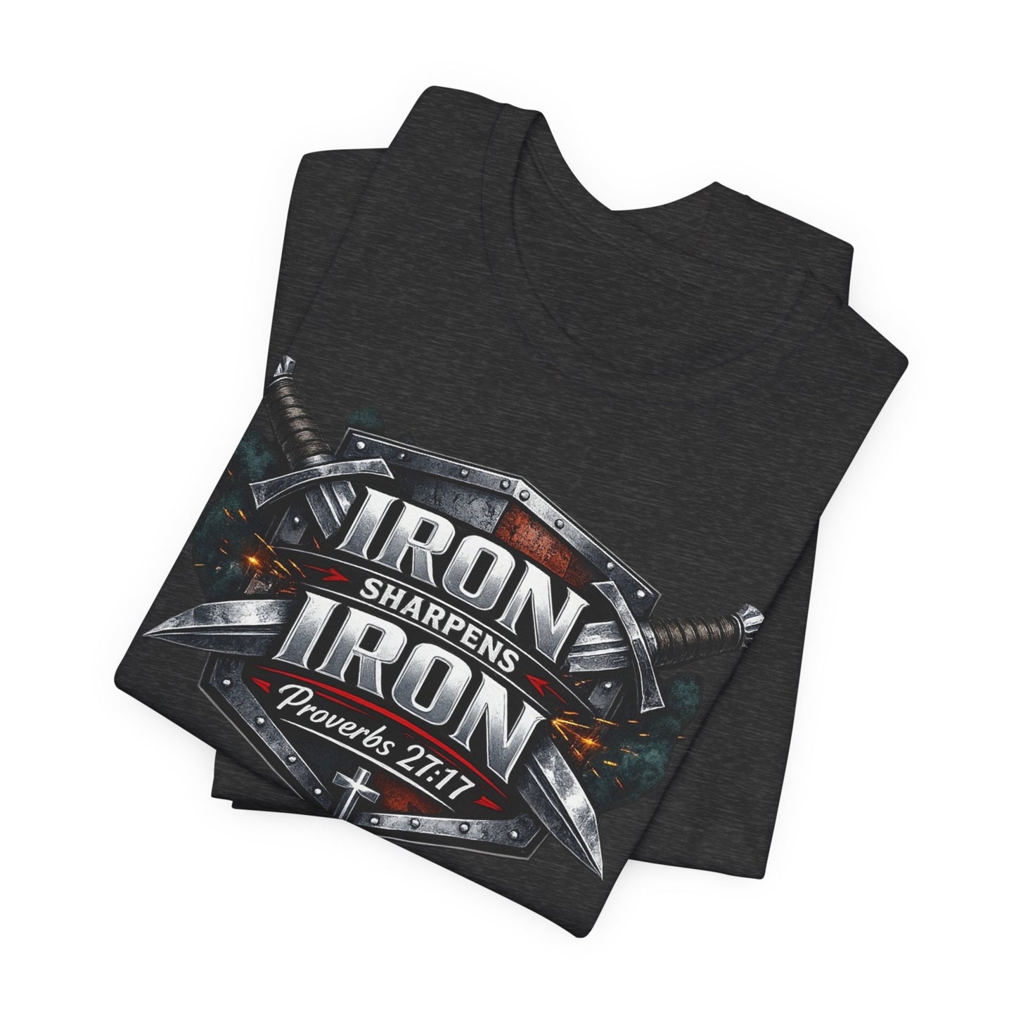 Iron Sharpens Iron T-Shirt — Faith-Based Proverbs 27:17 Graphic Tee