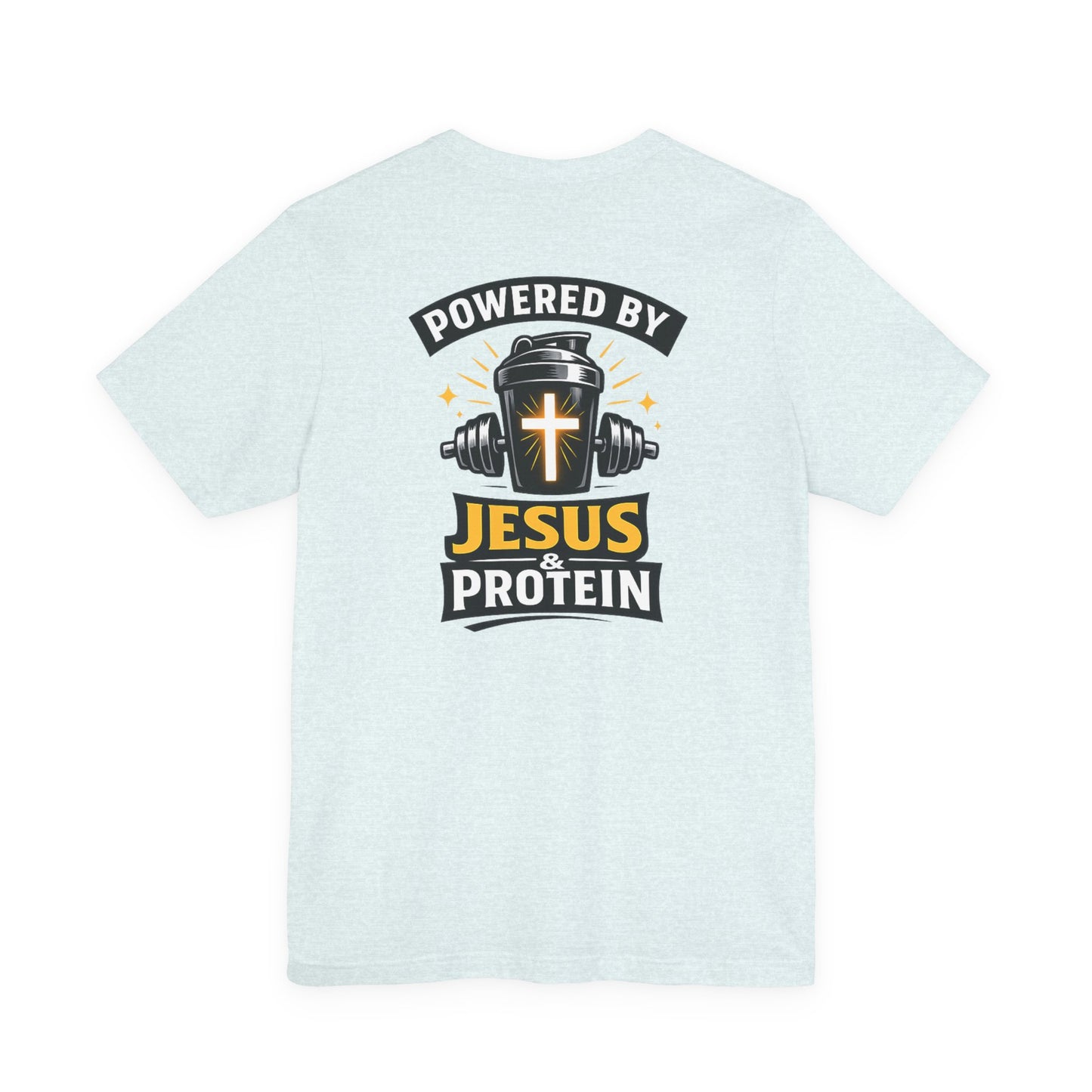 Powered by Jesus & Protein T-Shirt — Christian Gym Fitness Tee