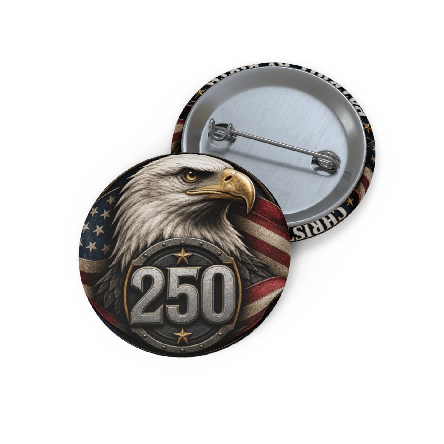 Patriotic Eagle 250 Pin Button — American Flag Veteran Commemorative Badge