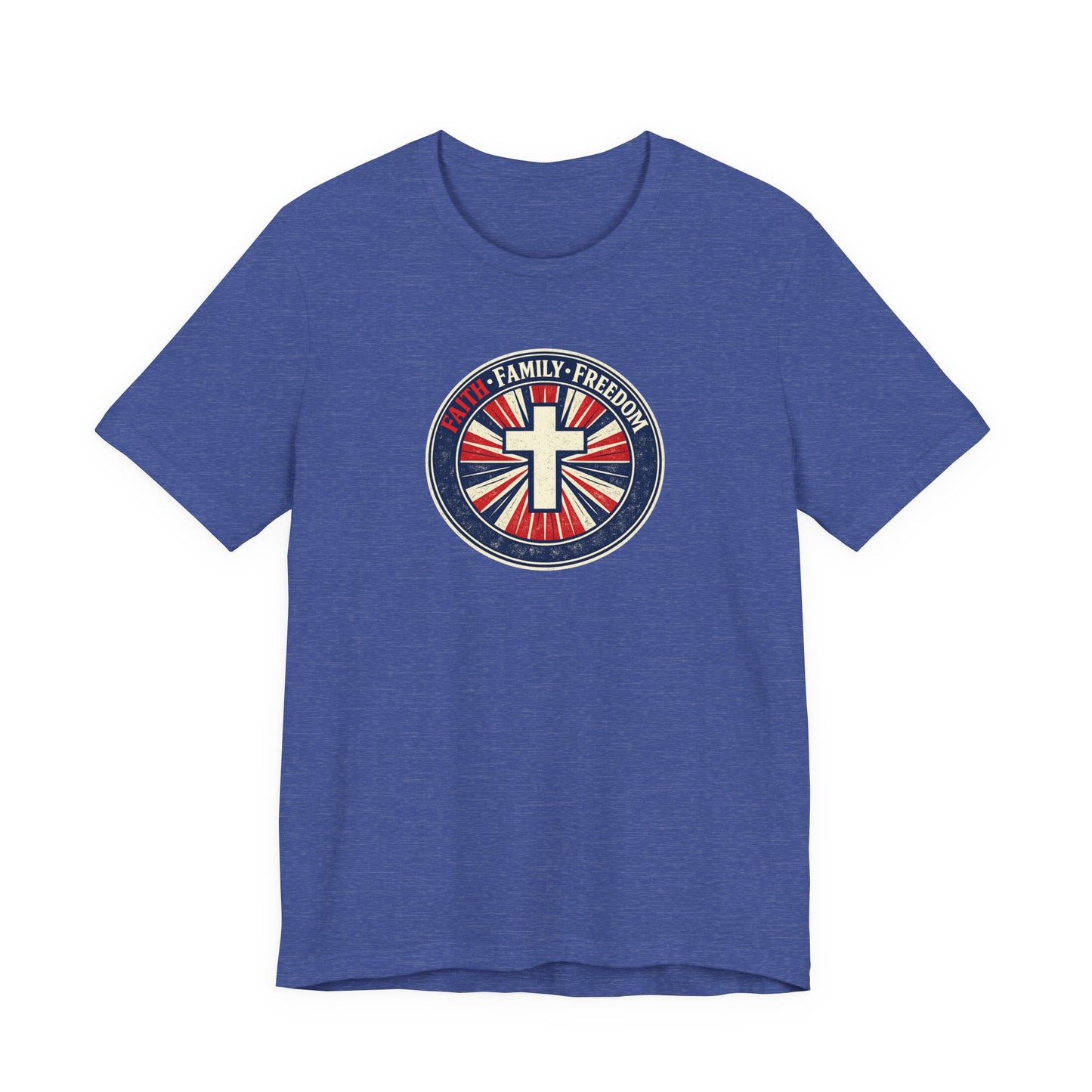 Faith Family Freedom T‑Shirt — Cross Emblem Patriotic Graphic Tee