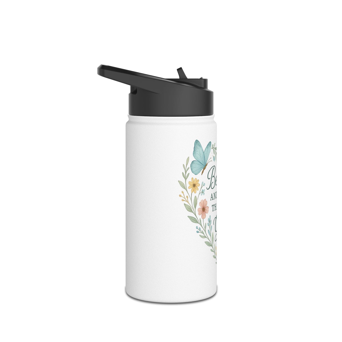 Christian Water Bottle — “Be Still and Know That I Am God” Floral Stainless Steel Bottle
