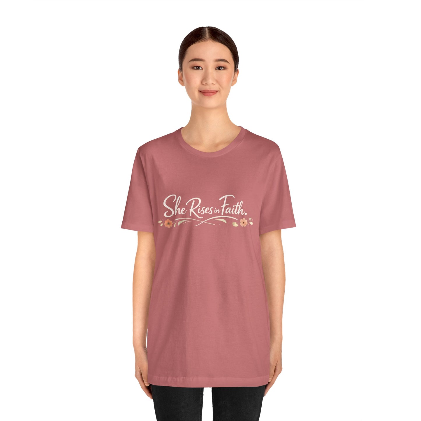 "She Rises In Faith" Chest Tee – Delicate Peach Blossom Graphic