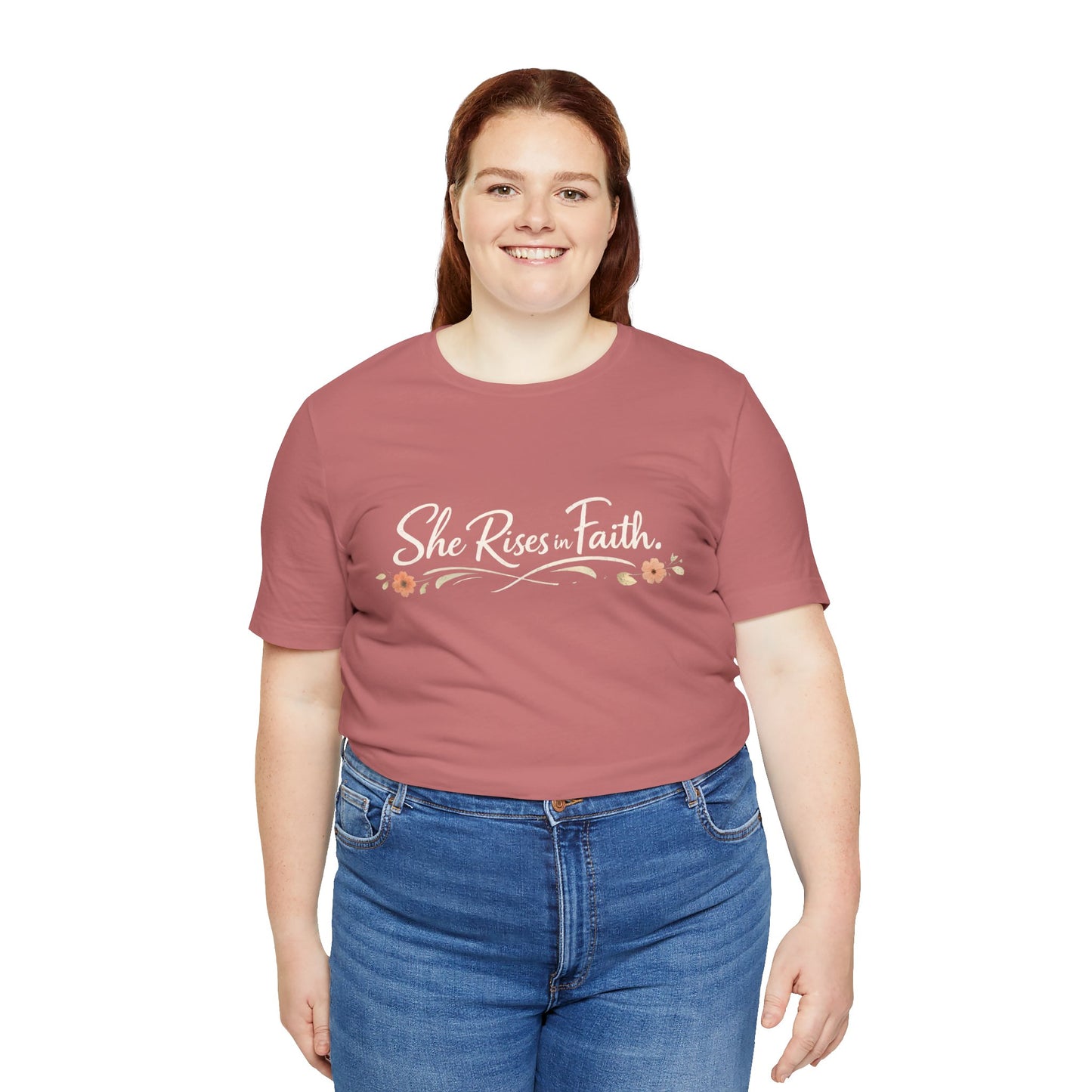 "She Rises In Faith" Chest Tee – Delicate Peach Blossom Graphic