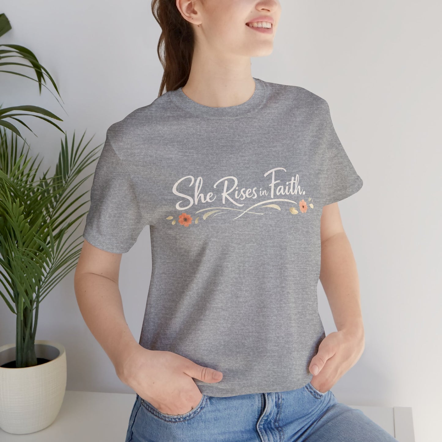 "She Rises In Faith" Chest Tee – Delicate Peach Blossom Graphic