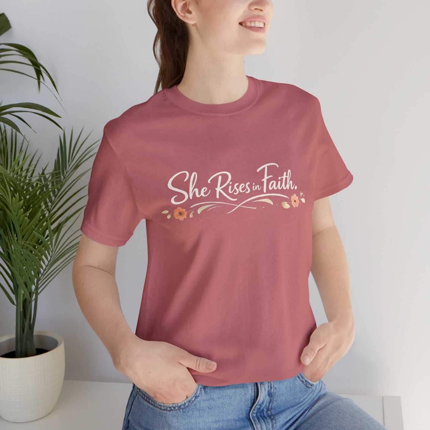 "She Rises In Faith" Chest Tee – Delicate Peach Blossom Graphic