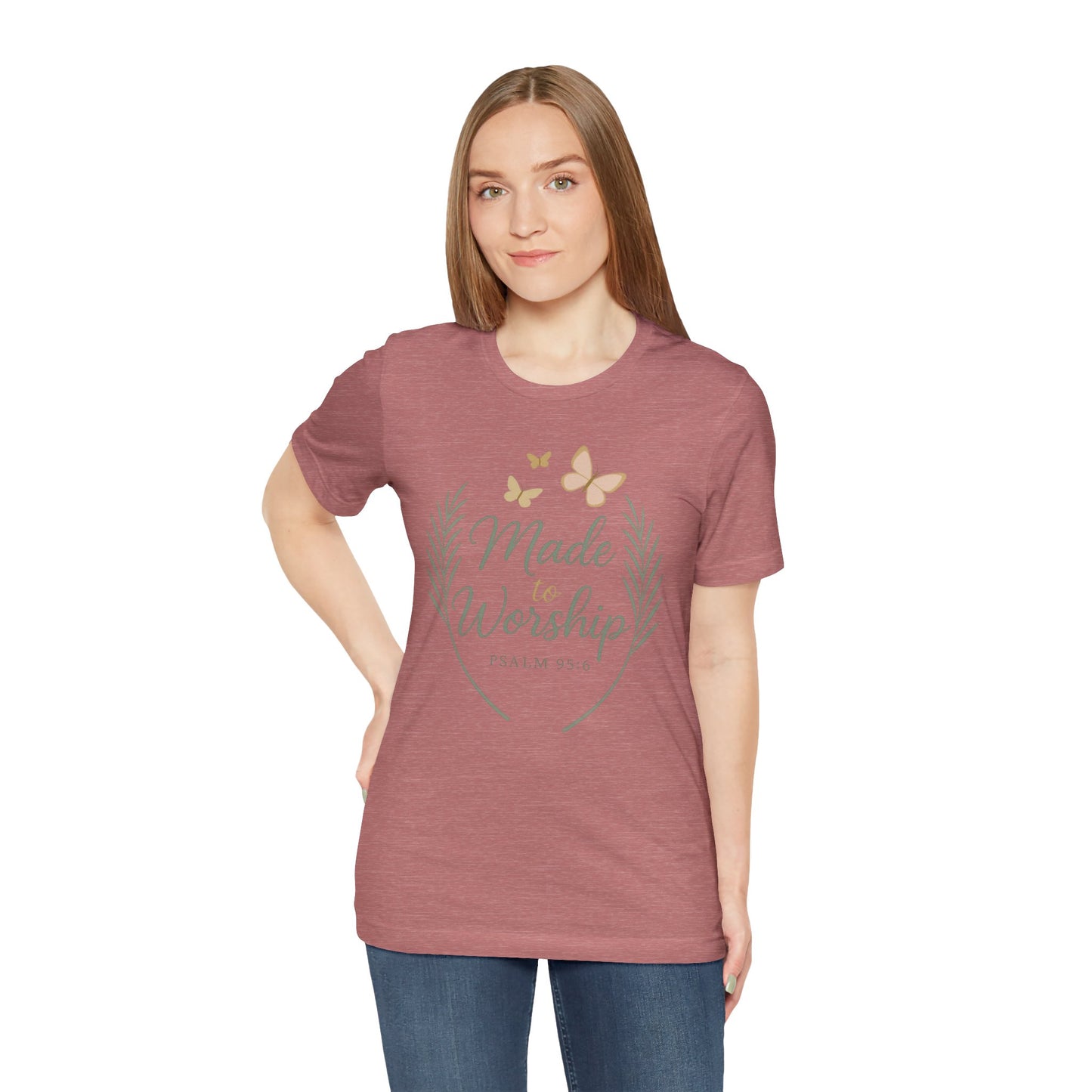 Made to Worship T-Shirt – Psalm 95:6 Christian Faith Tee with Butterflies