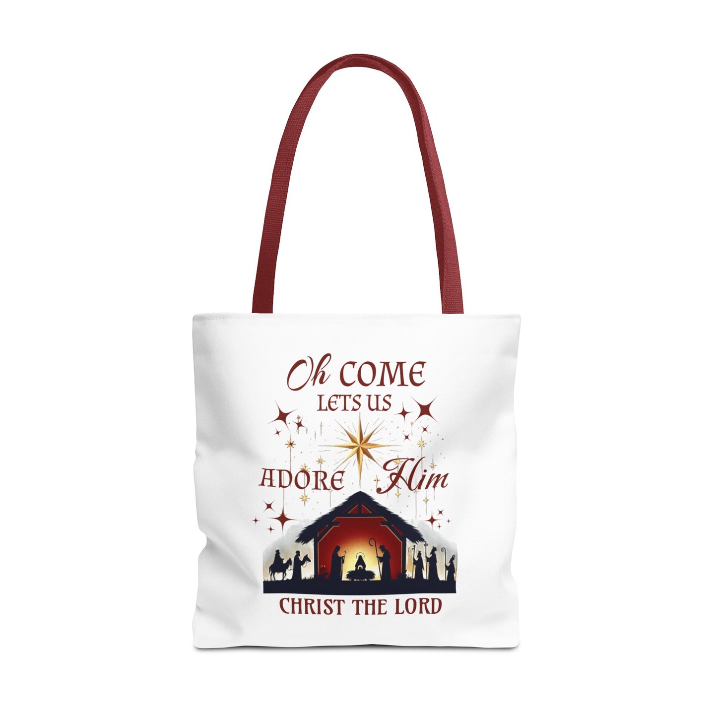 Nativity Scene Tote Bag with 'Oh come let us adore Him, Christ the Lord' Phrase