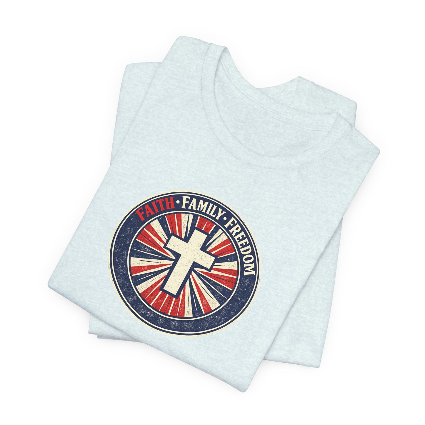 Faith Family Freedom T‑Shirt — Cross Emblem Patriotic Graphic Tee