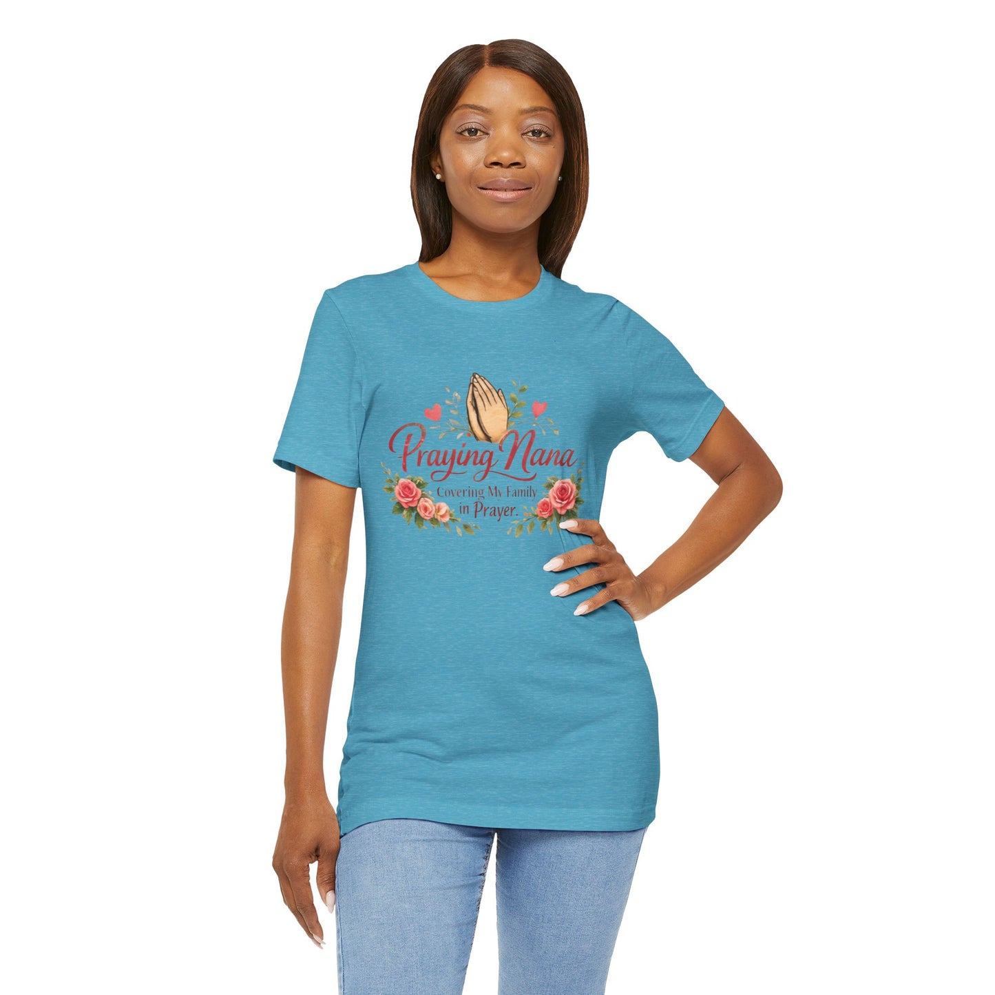 Praying Nana T-Shirt – Floral Praying Hands "Covering My Family in Prayer" Grandma Gift