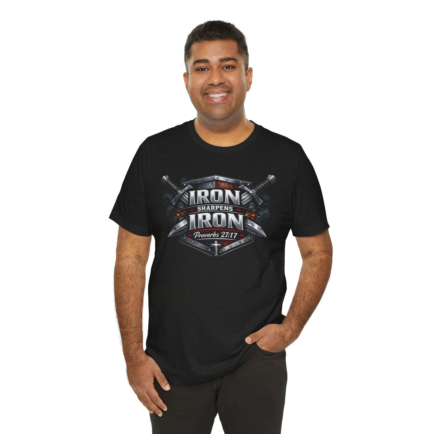 Iron Sharpens Iron T-Shirt — Faith-Based Proverbs 27:17 Graphic Tee
