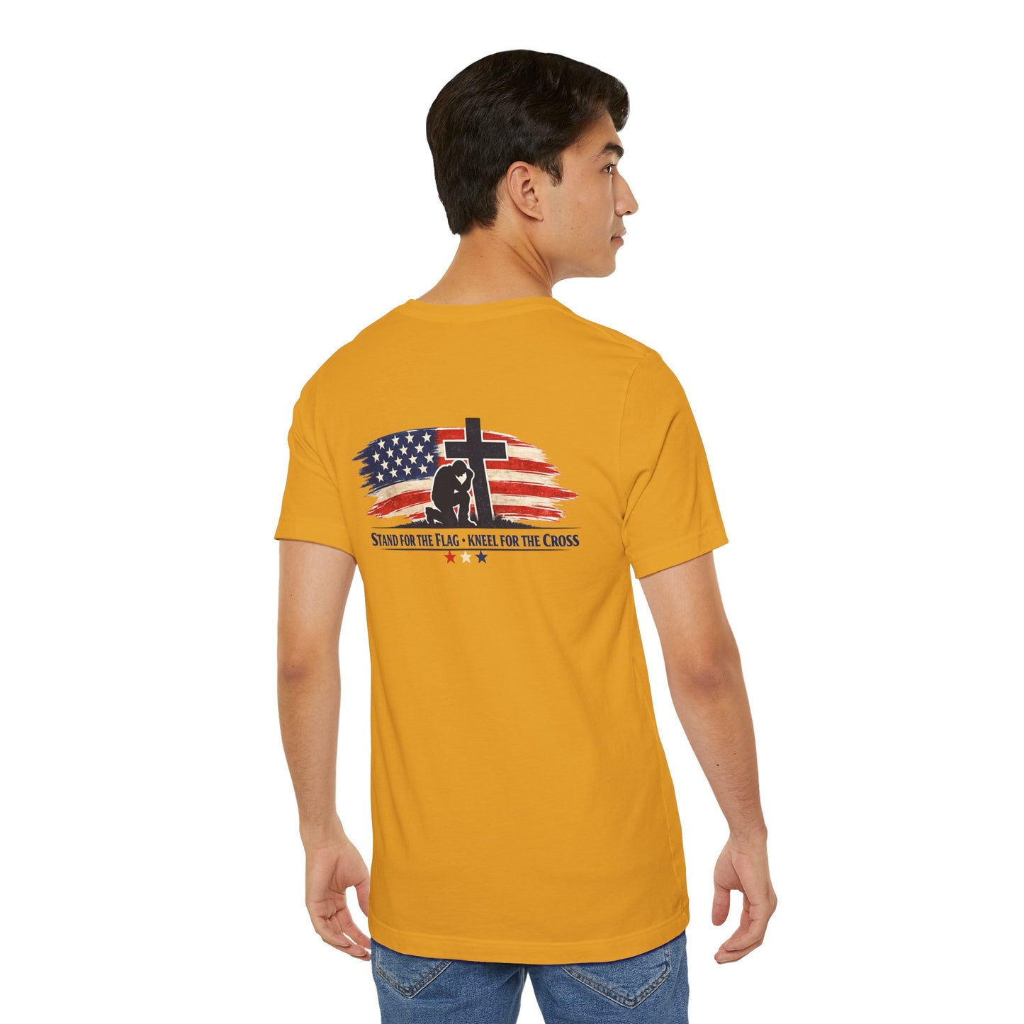 Patriotic Cross Tee – "Stand for the Flag, Kneel for the Cross" Short Sleeve T-Shirt