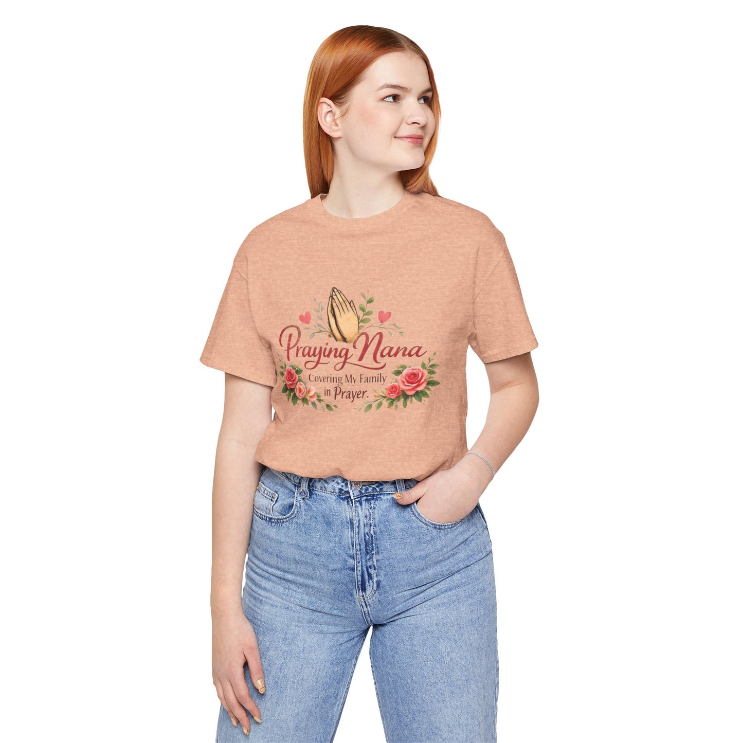 Praying Nana T-Shirt – Floral Praying Hands "Covering My Family in Prayer" Grandma Gift