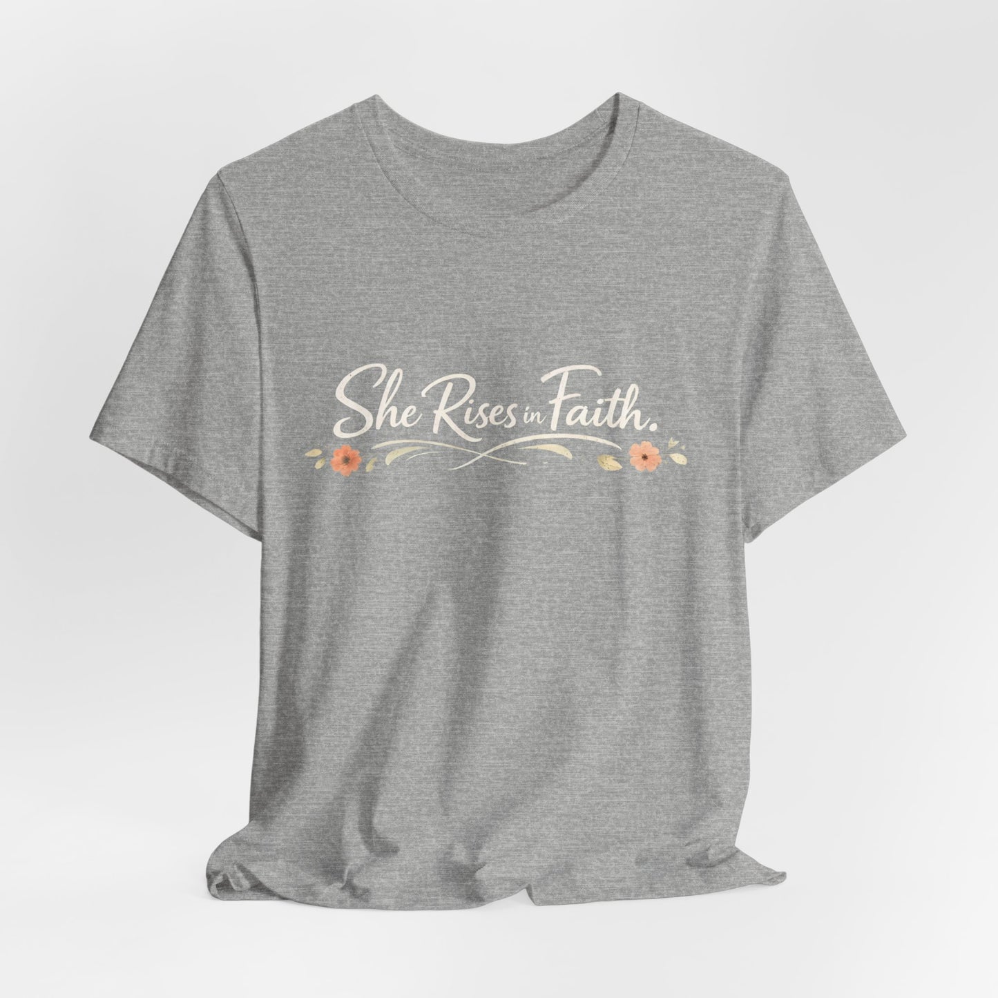 "She Rises In Faith" Chest Tee – Delicate Peach Blossom Graphic