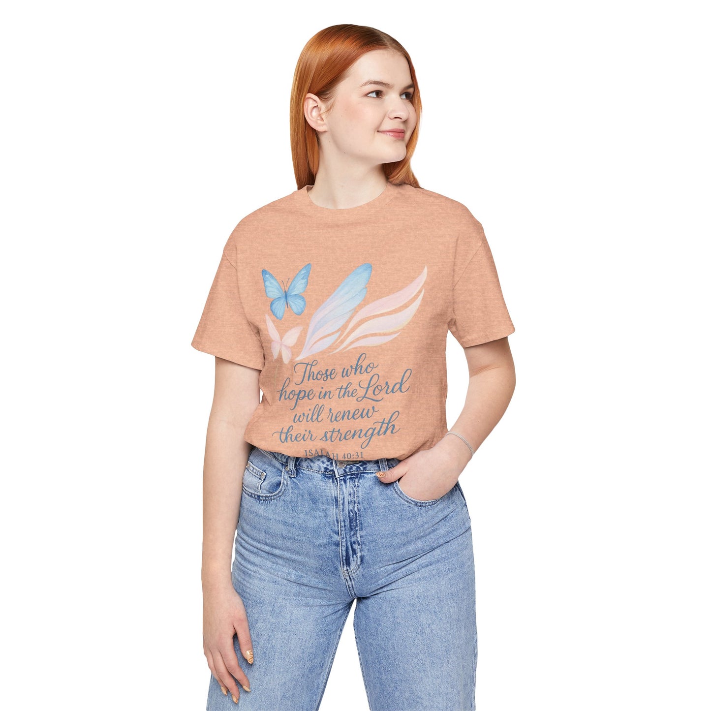 Inspirational Scripture T-Shirt – "Those Who Hope in the Lord" Isaiah 40:31, Pastel Butterflies