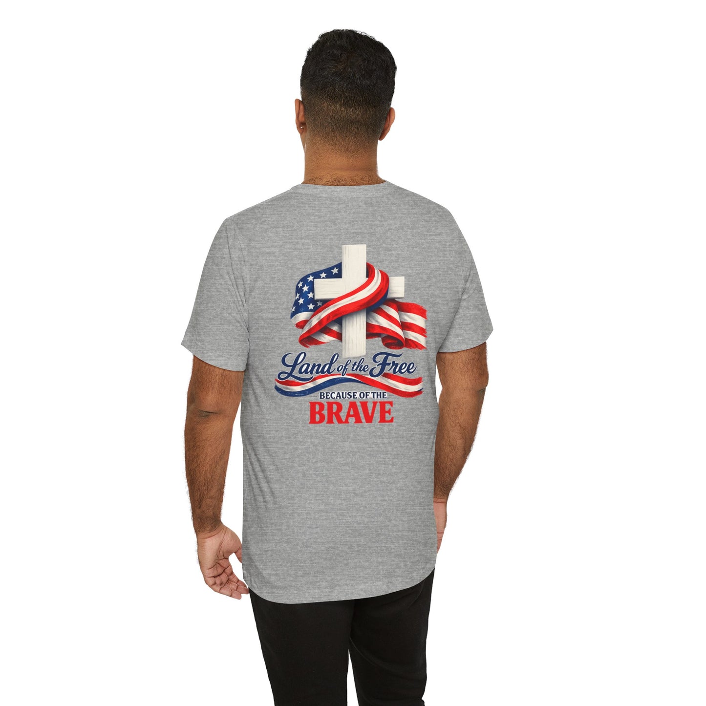 Land of the Free Because of the Brave Tee - Patriotic American Flag Cross T-Shirt