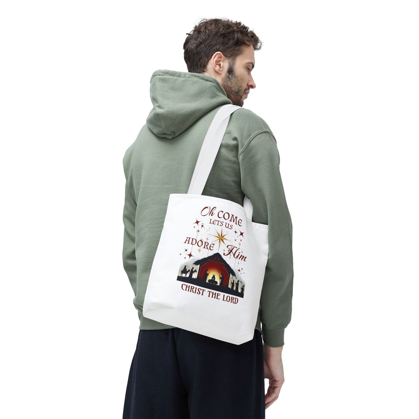 Nativity Scene Tote Bag with 'Oh come let us adore Him, Christ the Lord' Phrase