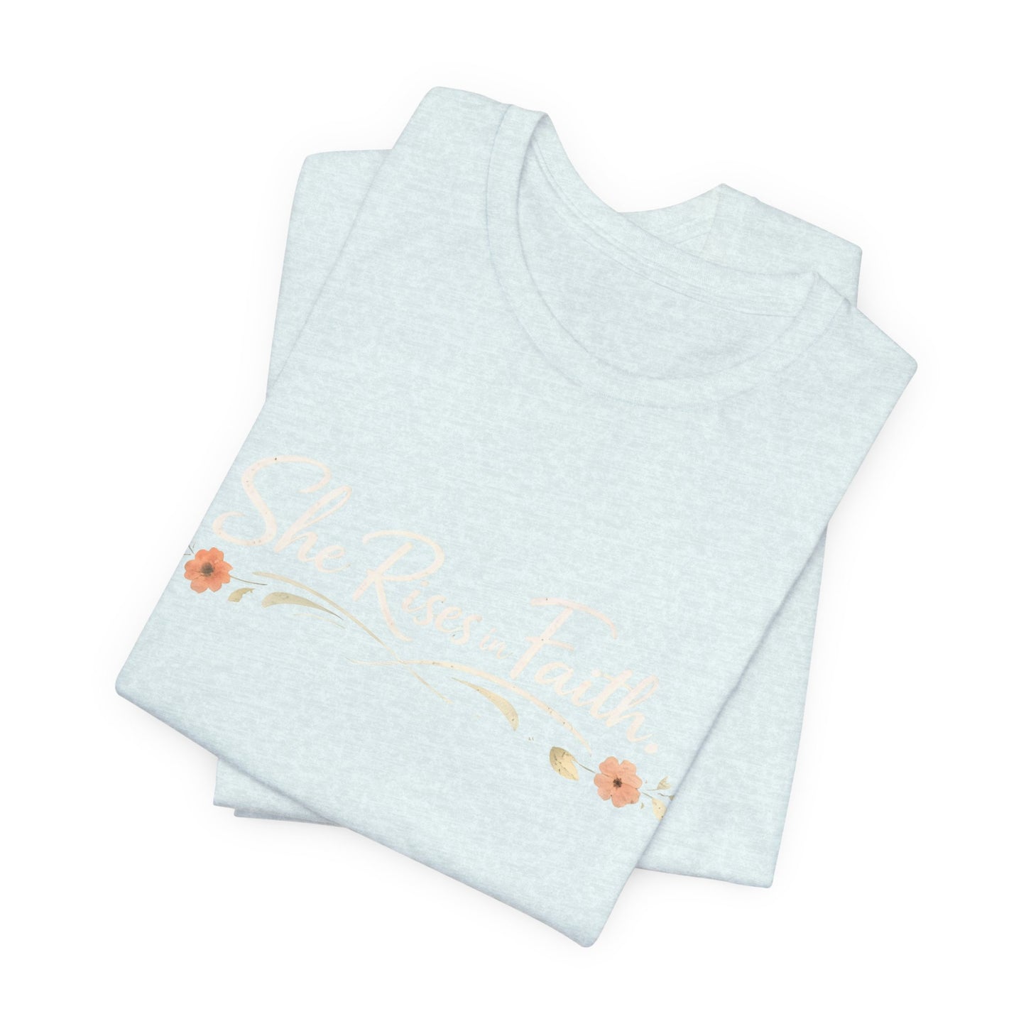 "She Rises In Faith" Chest Tee – Delicate Peach Blossom Graphic
