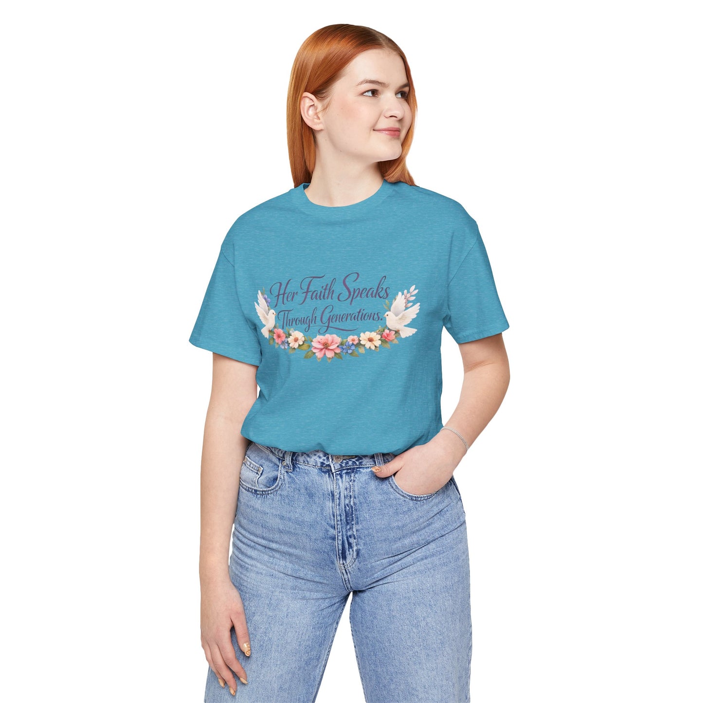 Her Faith Speaks Through Generations T-Shirt — Floral Inspirational Christian Tee