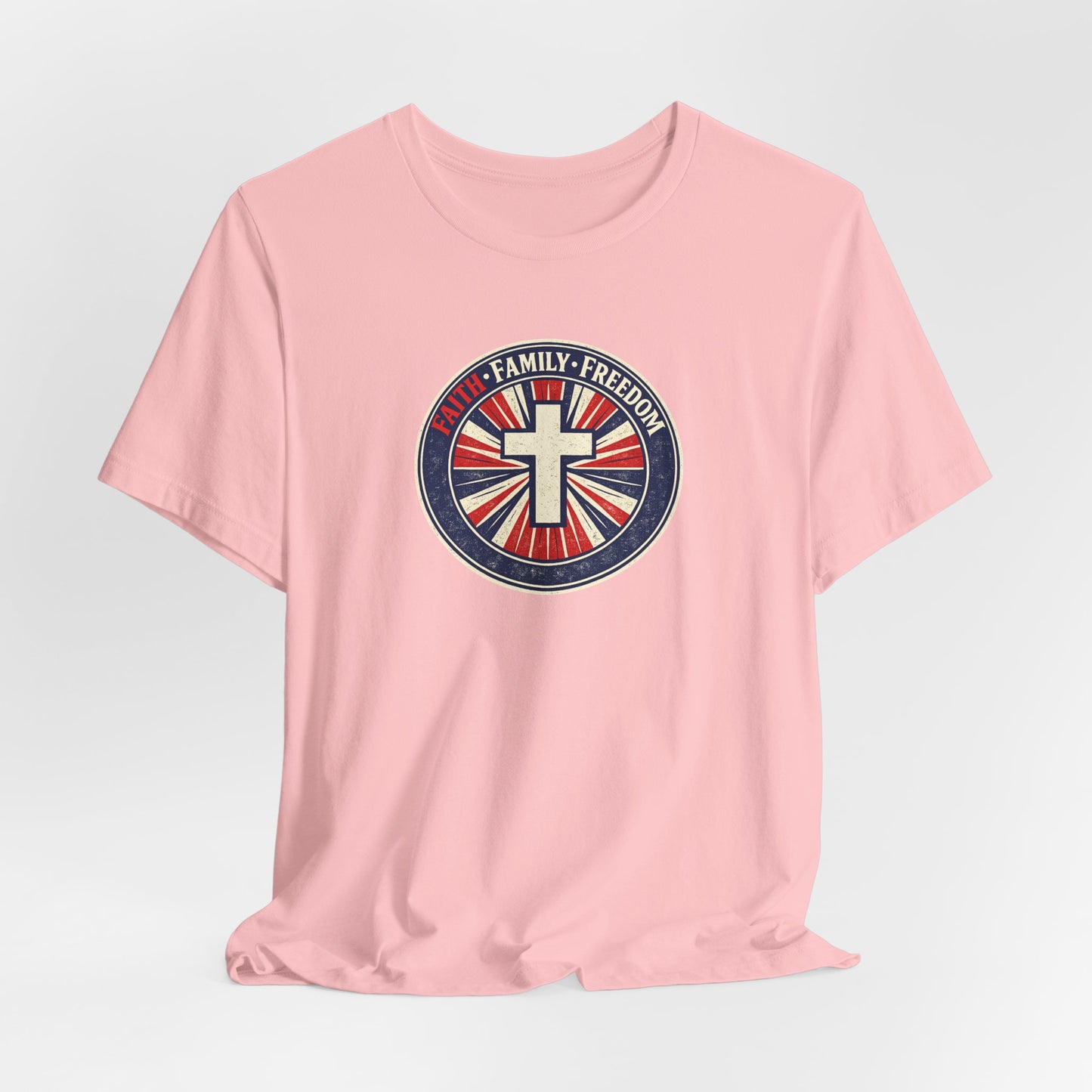 Faith Family Freedom T‑Shirt — Cross Emblem Patriotic Graphic Tee