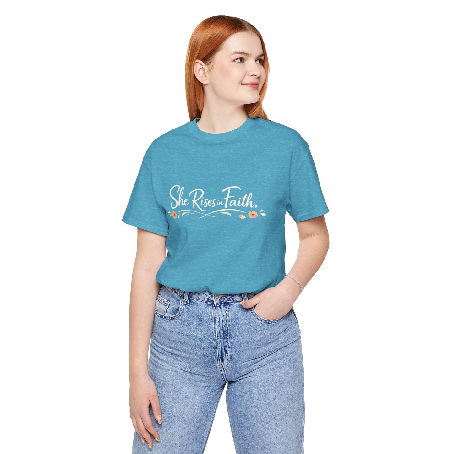 "She Rises In Faith" Chest Tee – Delicate Peach Blossom Graphic