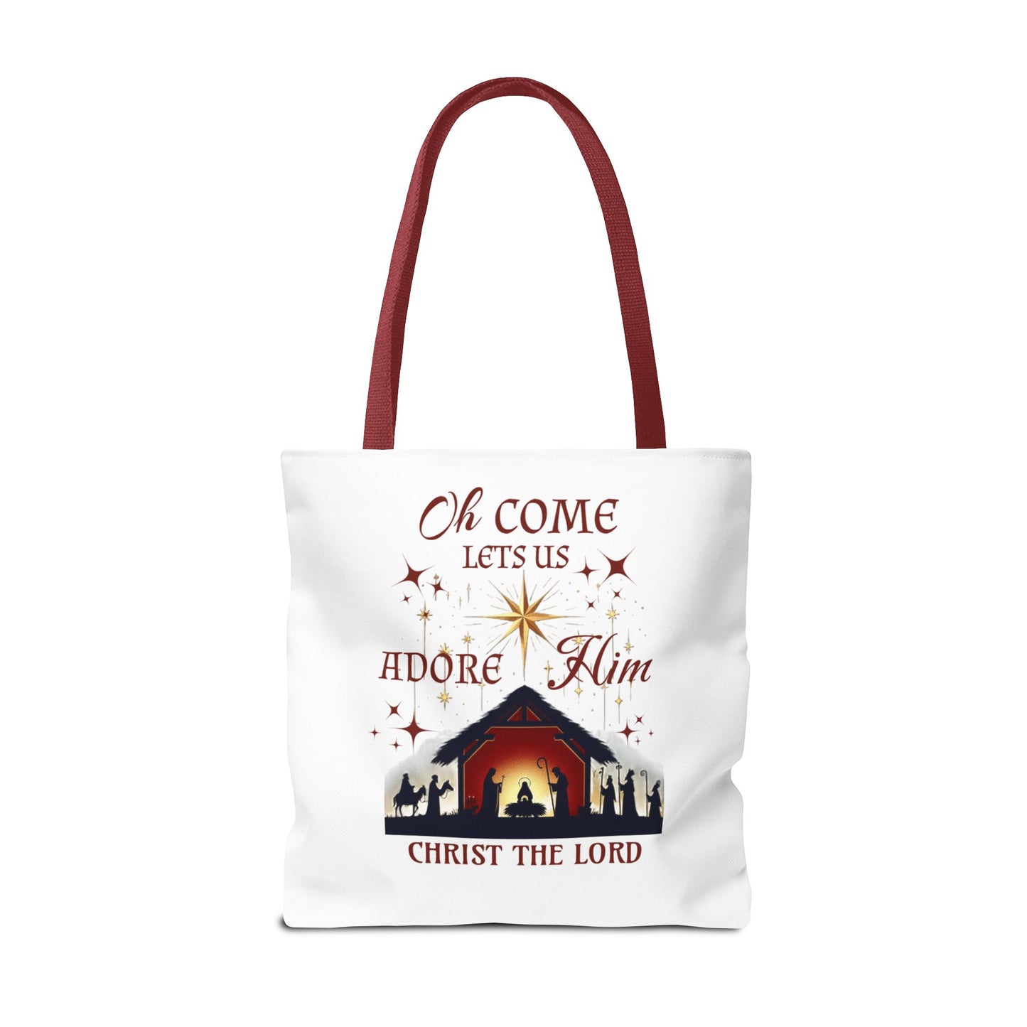 Nativity Scene Tote Bag with 'Oh come let us adore Him, Christ the Lord' Phrase