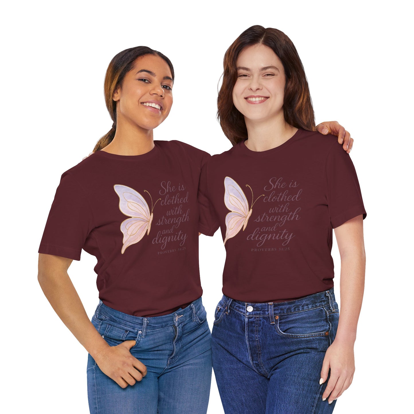 Inspirational "She is clothed with strength and dignity" Butterfly T-Shirt
