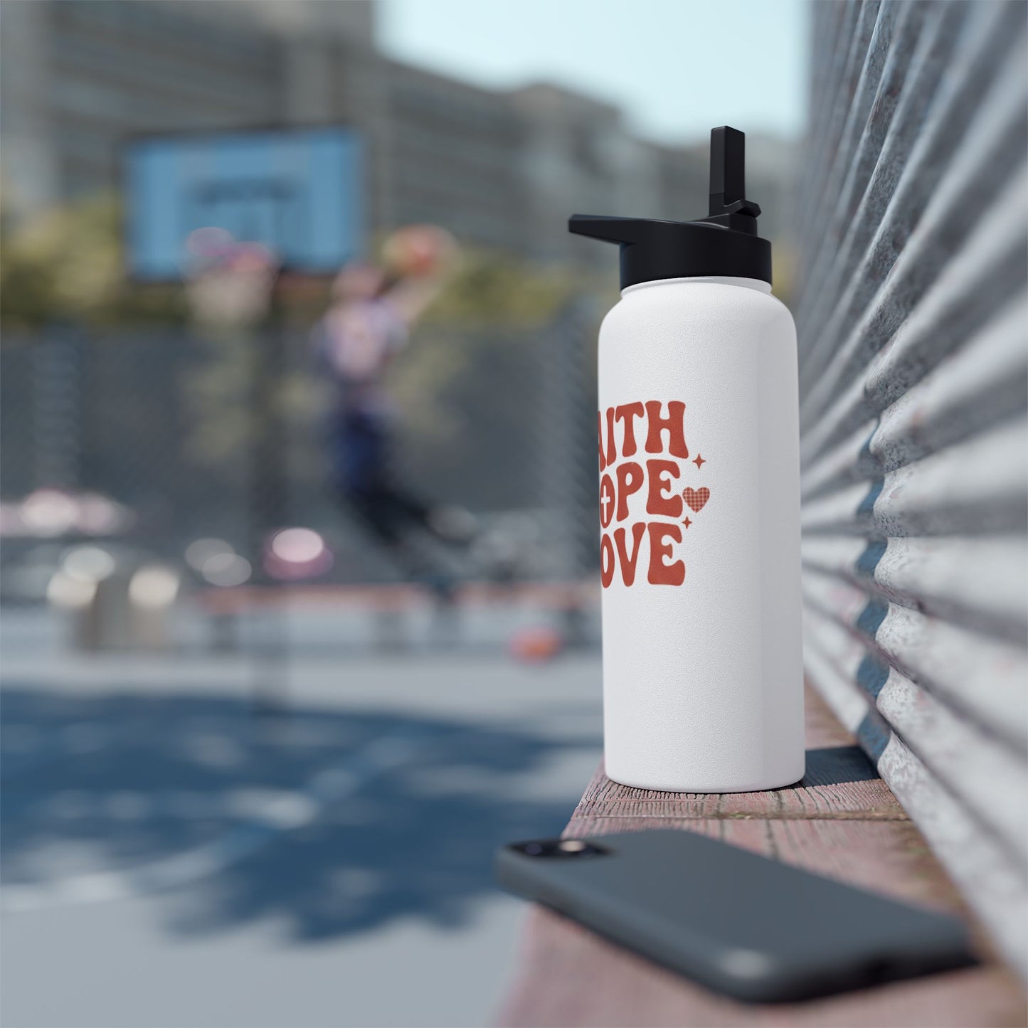 Faith Hope Love Stainless Steel Water Bottle — Retro Heart Typography