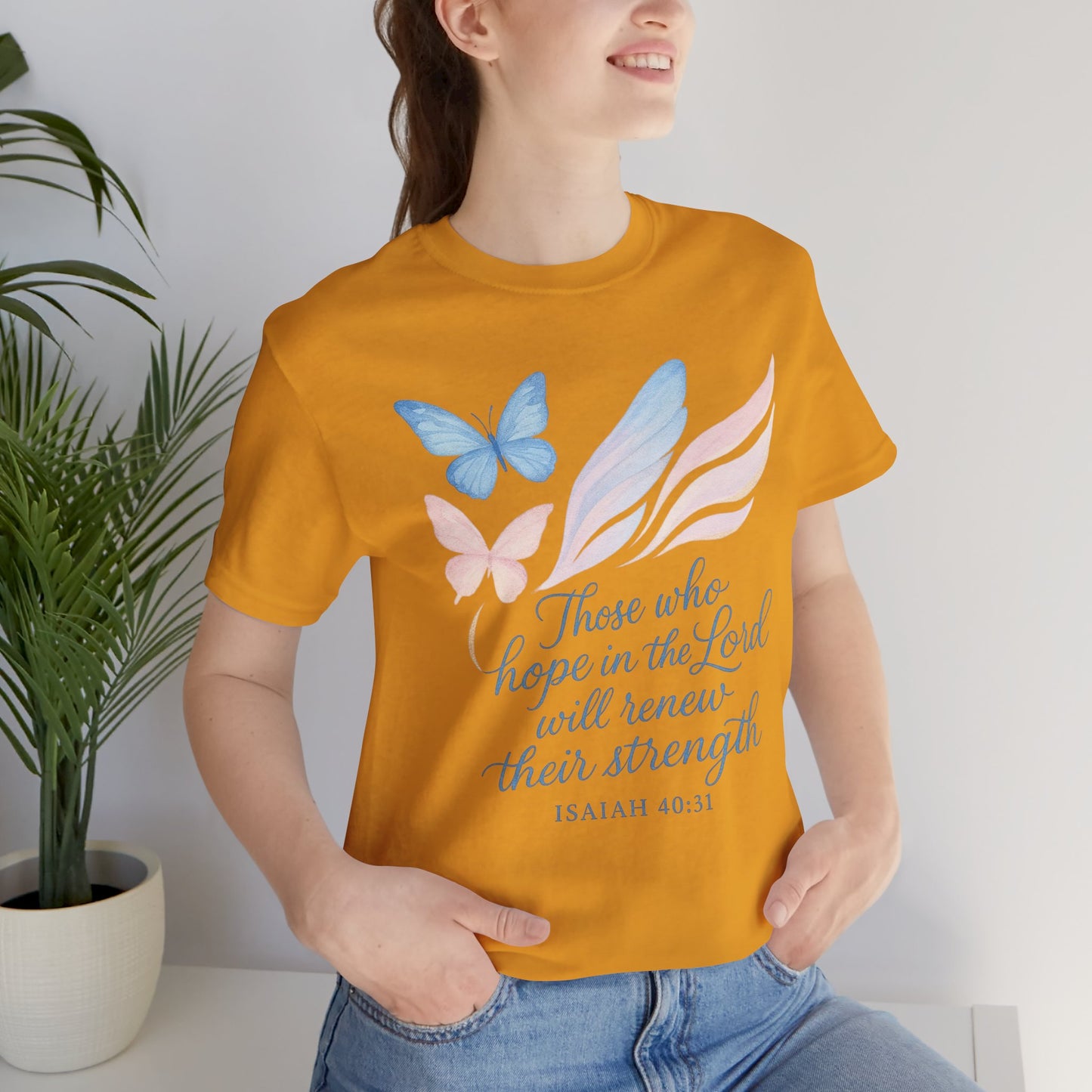 Inspirational Scripture T-Shirt – "Those Who Hope in the Lord" Isaiah 40:31, Pastel Butterflies