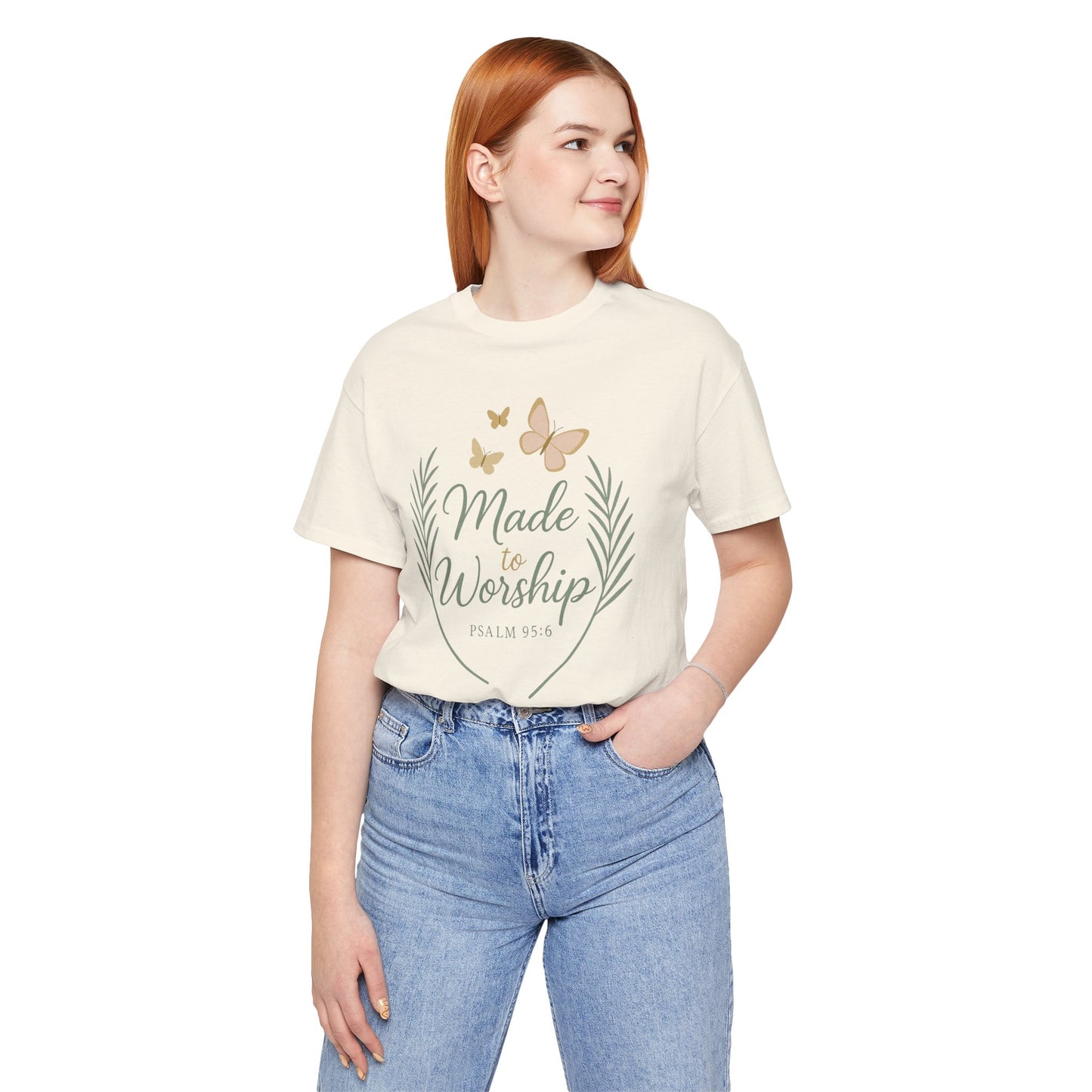 Made to Worship T-Shirt – Psalm 95:6 Christian Faith Tee with Butterflies