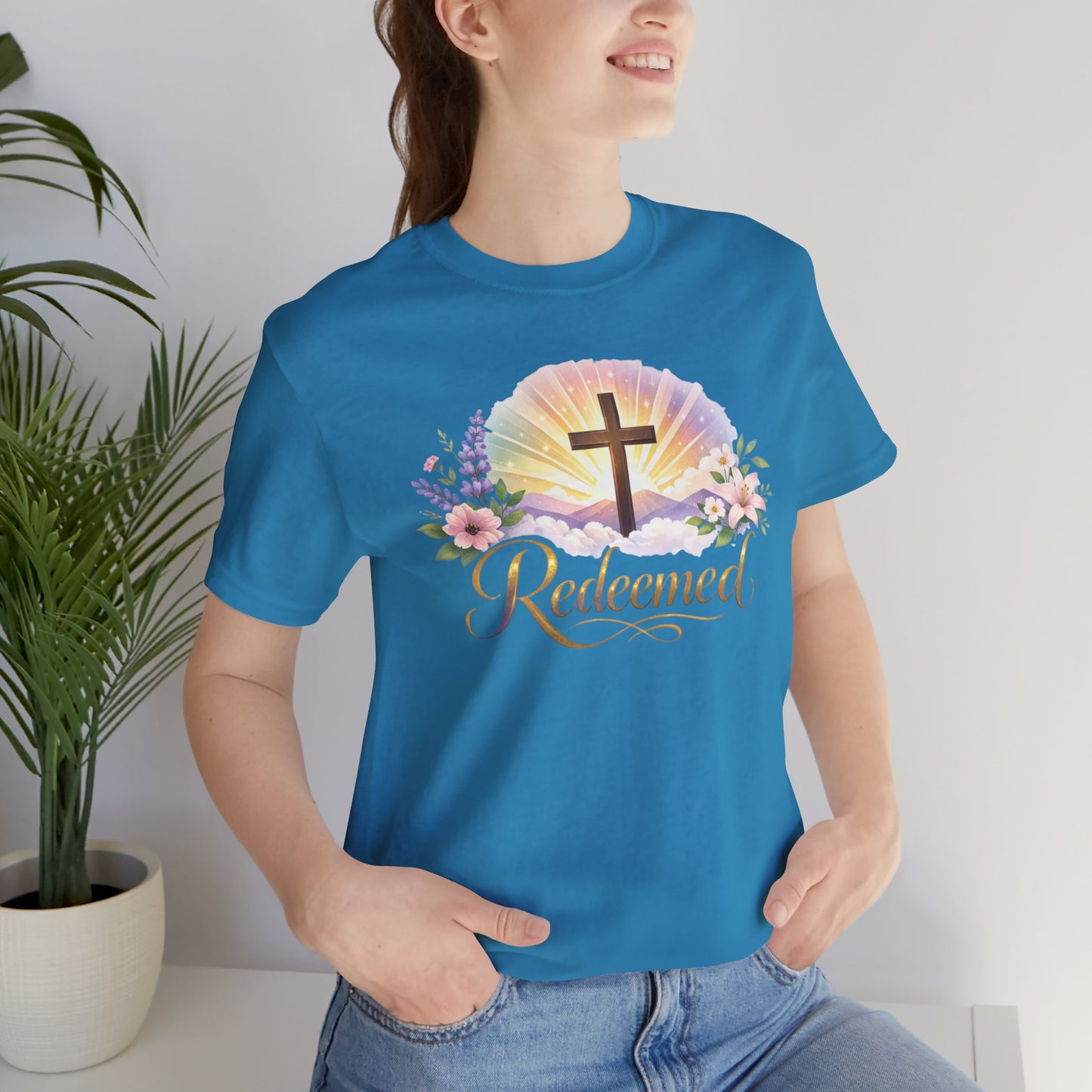 "Redeemed" Cross Floral T-Shirt — Christian Faith Tee