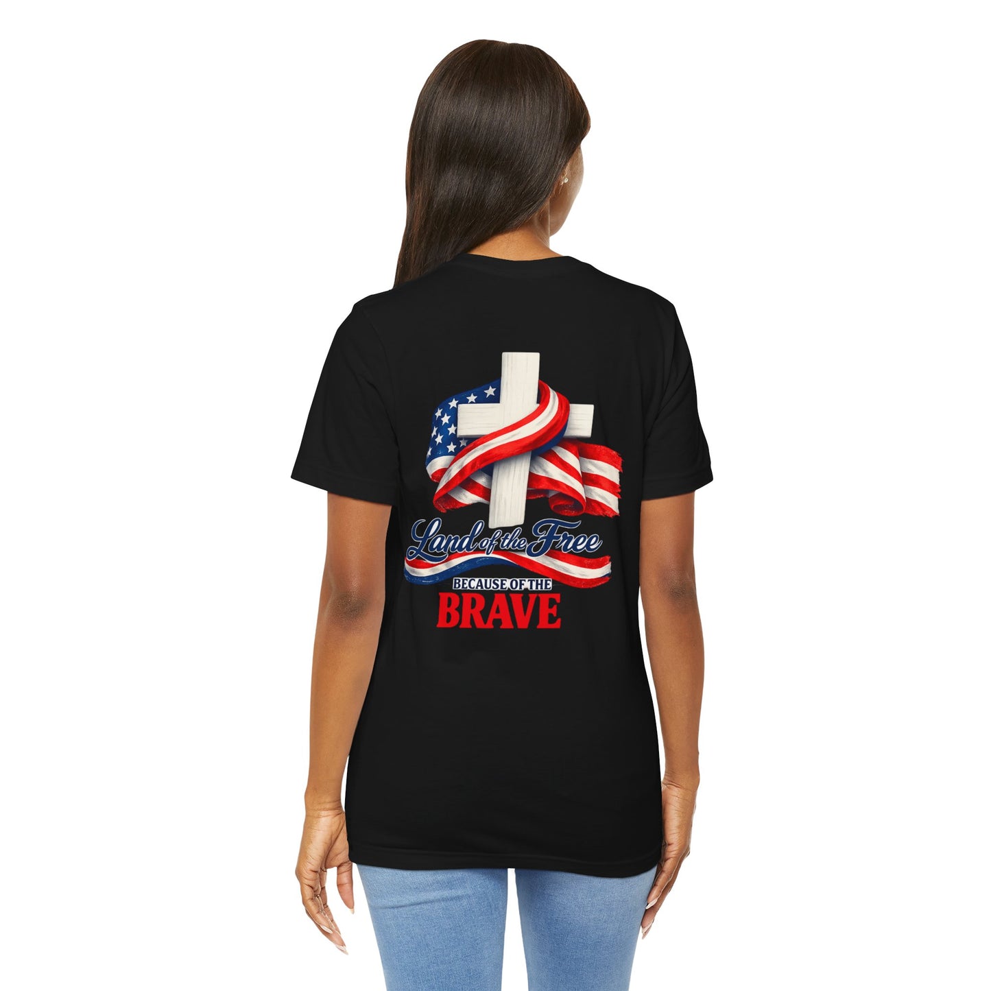 Land of the Free Because of the Brave Tee - Patriotic American Flag Cross T-Shirt