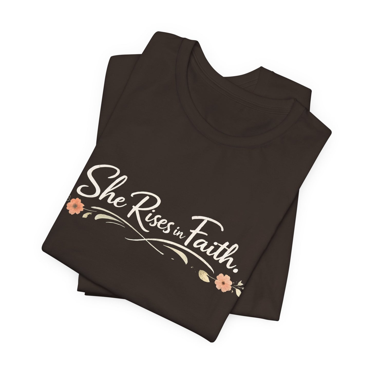 "She Rises In Faith" Chest Tee – Delicate Peach Blossom Graphic