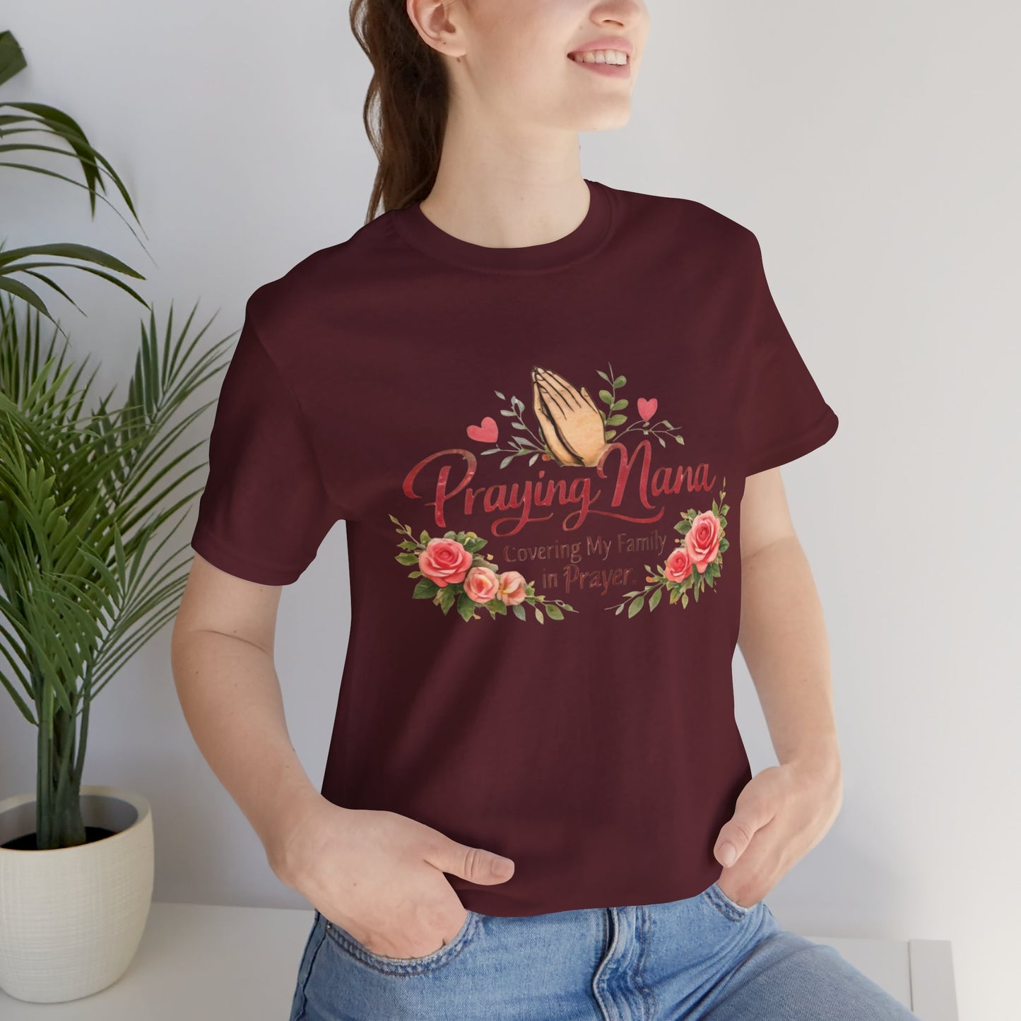 Praying Nana T-Shirt – Floral Praying Hands "Covering My Family in Prayer" Grandma Gift