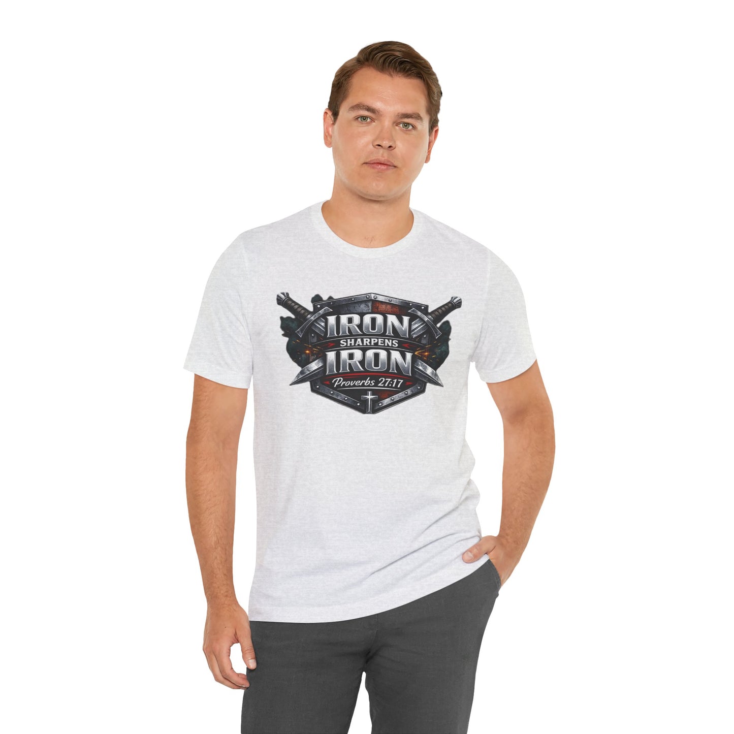 Iron Sharpens Iron T-Shirt — Faith-Based Proverbs 27:17 Graphic Tee