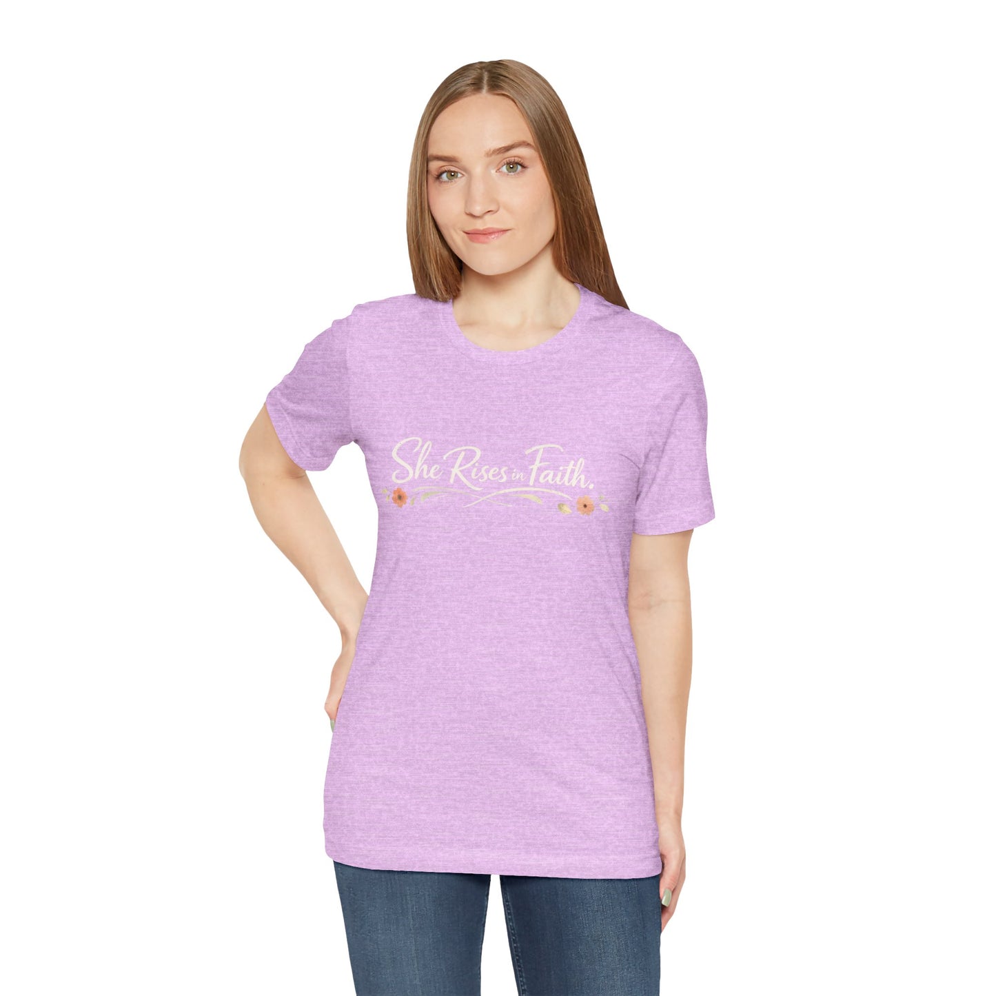 "She Rises In Faith" Chest Tee – Delicate Peach Blossom Graphic