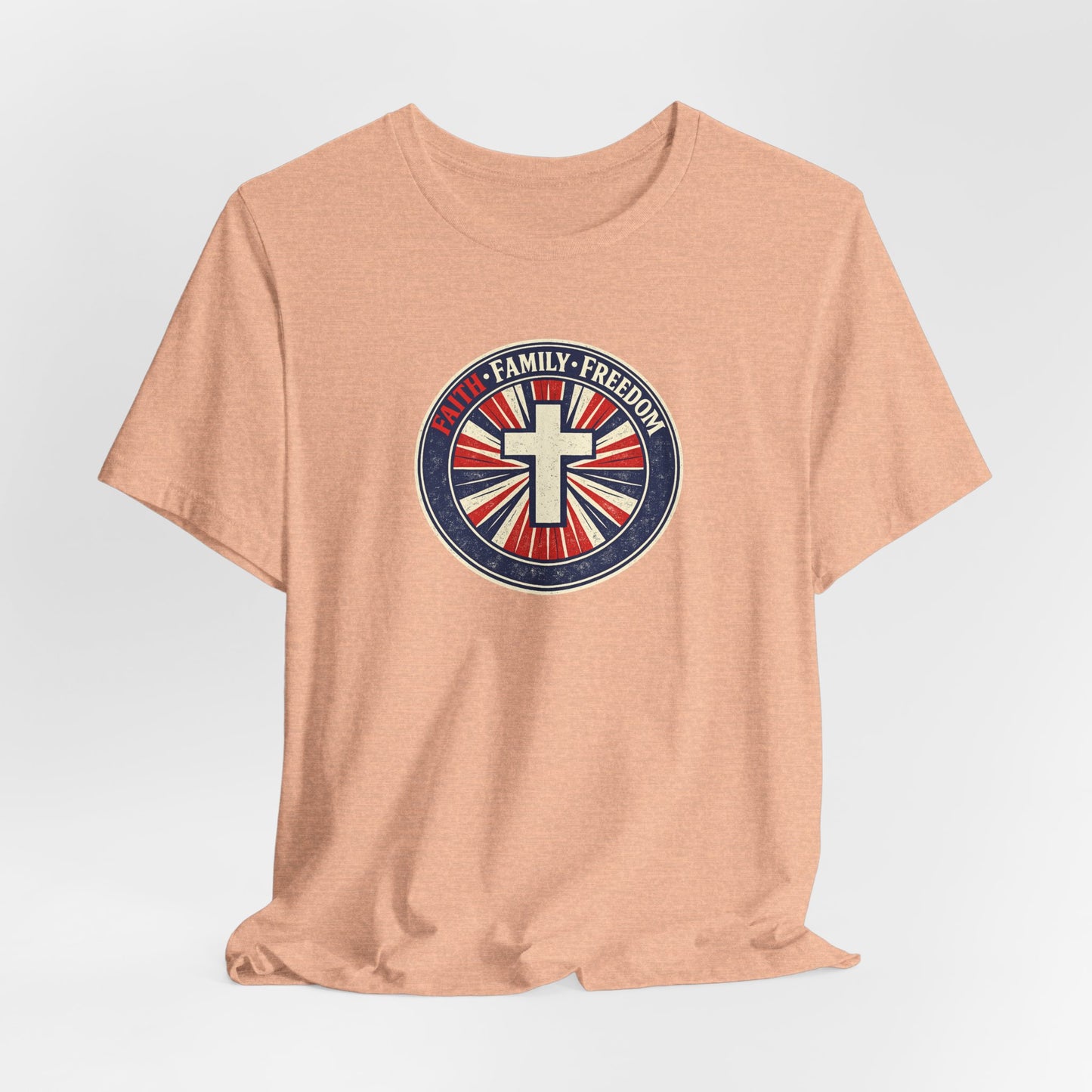 Faith Family Freedom T‑Shirt — Cross Emblem Patriotic Graphic Tee