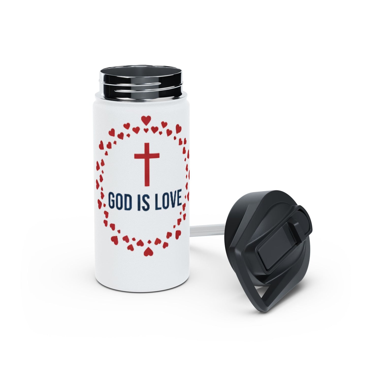 God Is Love Stainless Steel Water Bottle — Christian Cross Heart Design