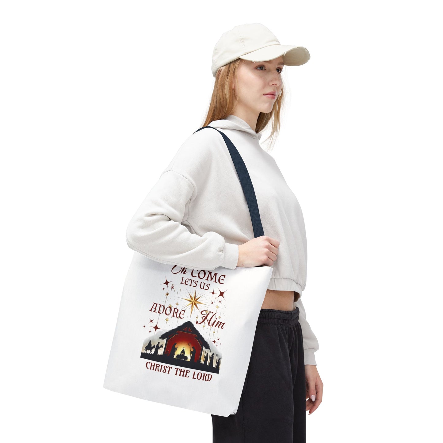 Nativity Scene Tote Bag with 'Oh come let us adore Him, Christ the Lord' Phrase