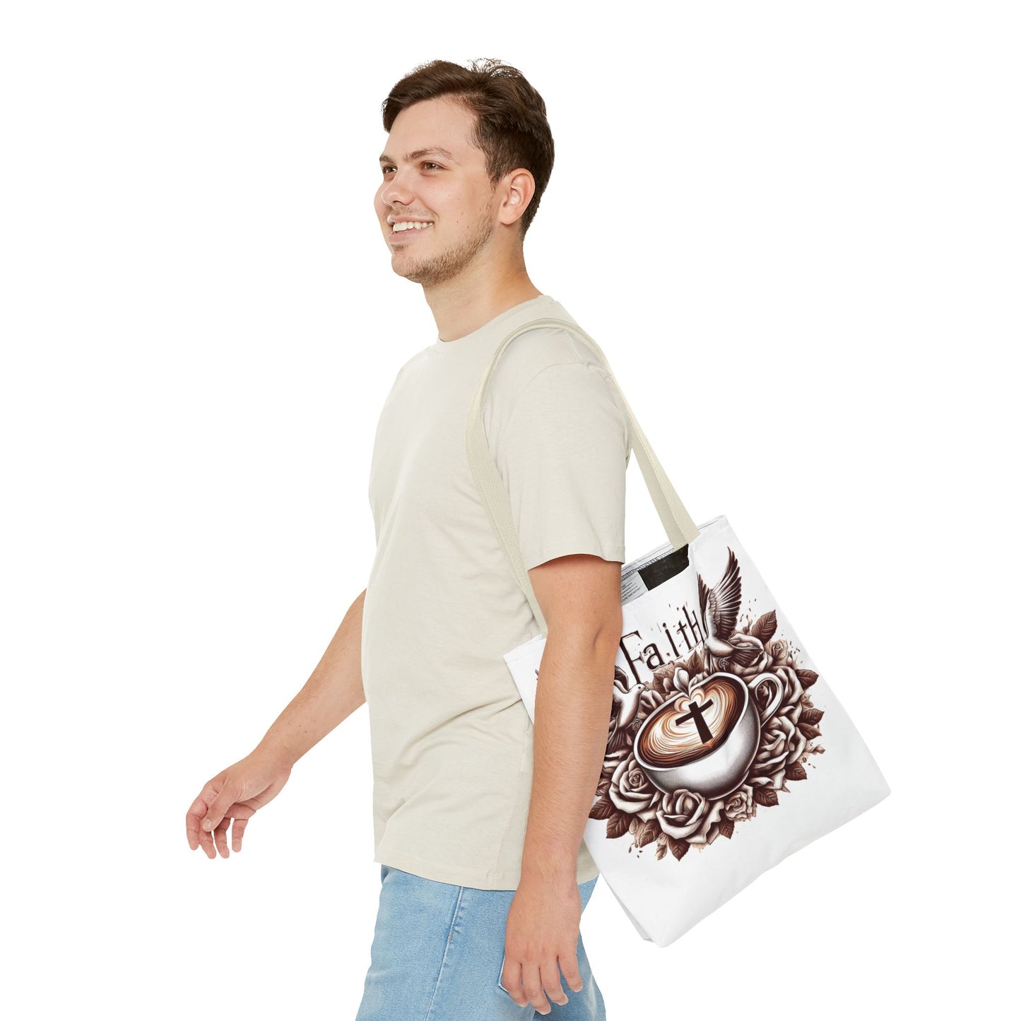 Tote Bag (AOP) "Faith and Coffee"