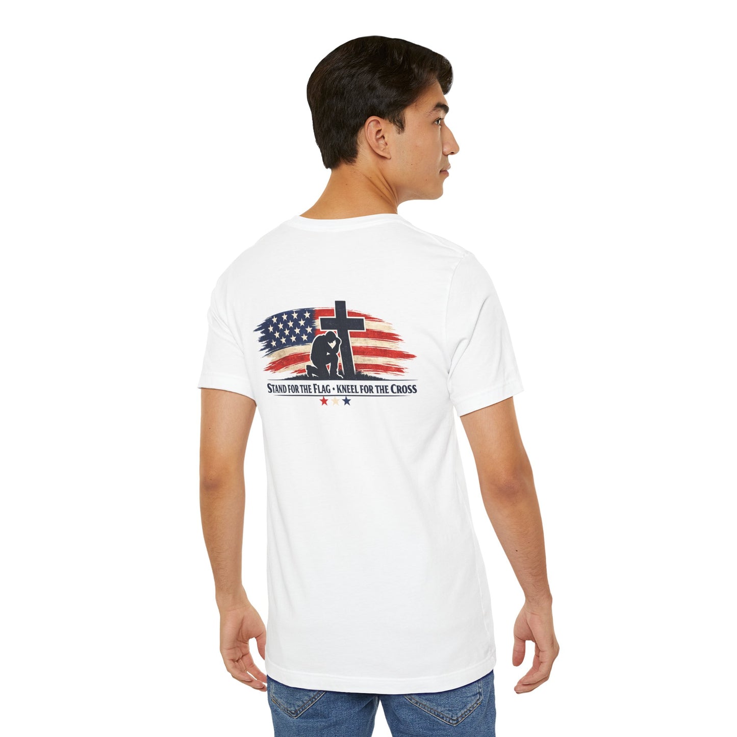 Patriotic Cross Tee – "Stand for the Flag, Kneel for the Cross" Short Sleeve T-Shirt