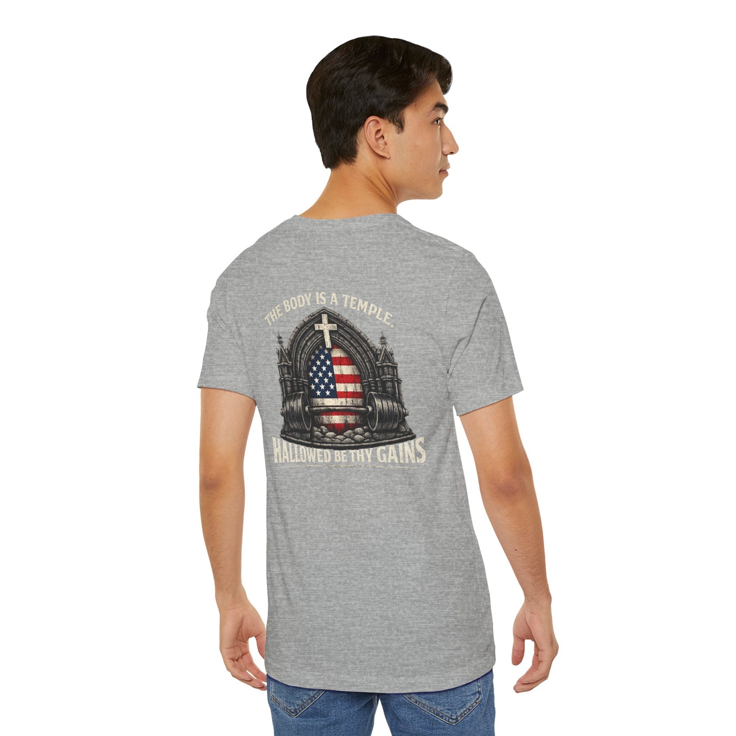 Patriotic Gym Tee — “The Body Is a Temple” American Flag Fitness T-Shirt