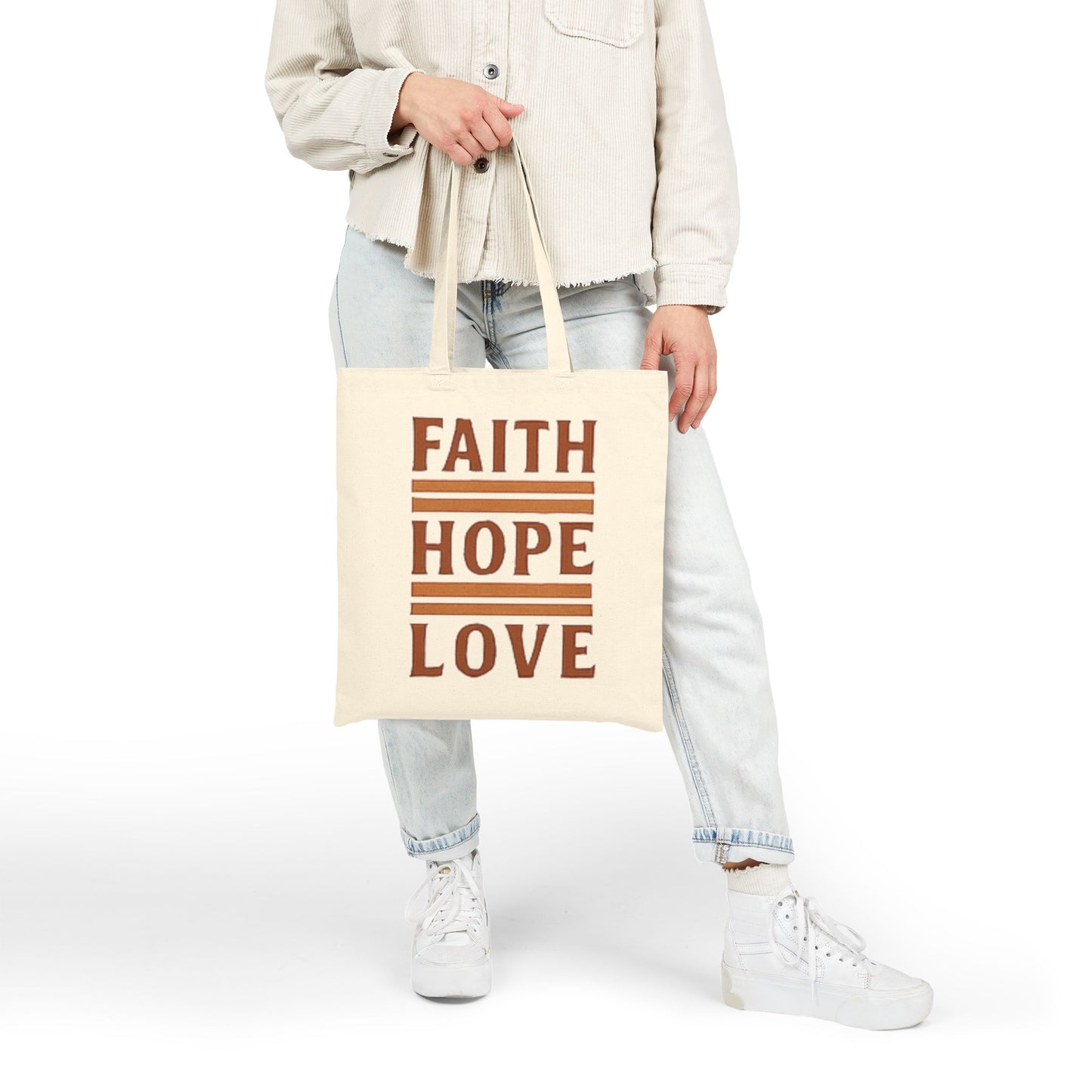 Faith Hope Love Cotton Canvas Tote Bag — Inspirational Quote Market Bag